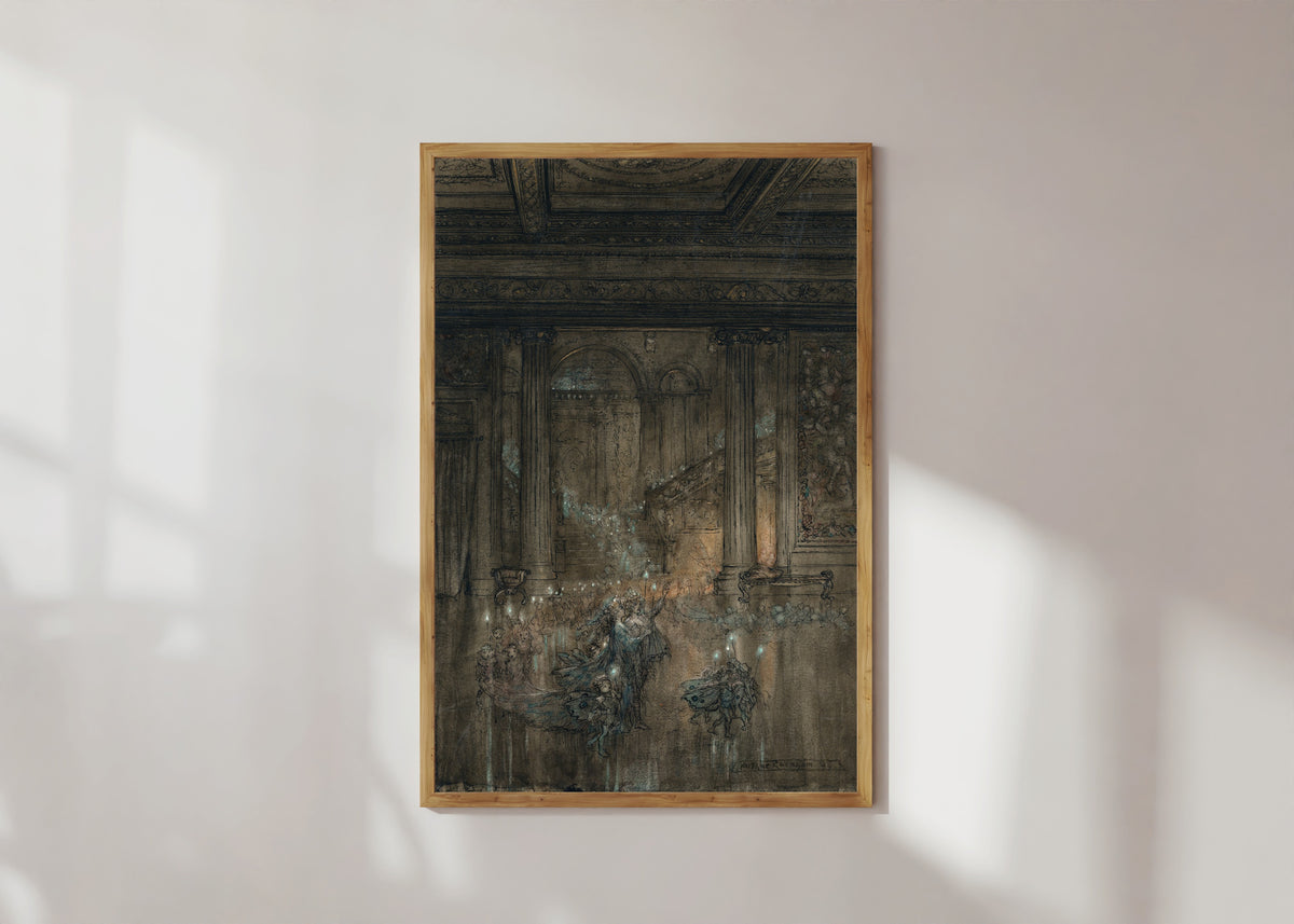 Framed art print of Through the House Give Glimmering Light by Arthur Rackham, in a light wood frame on a sunlit white wall