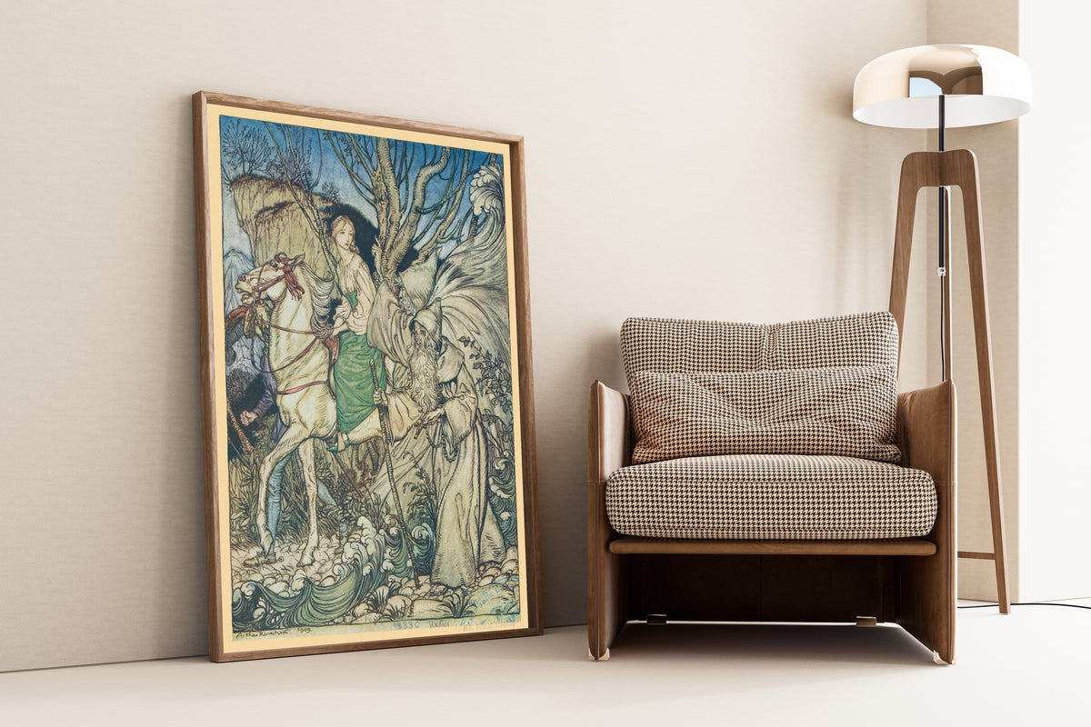 Undine by Arthur Rackham — framed and leaning against a wall beside an armchair and a floor lamp