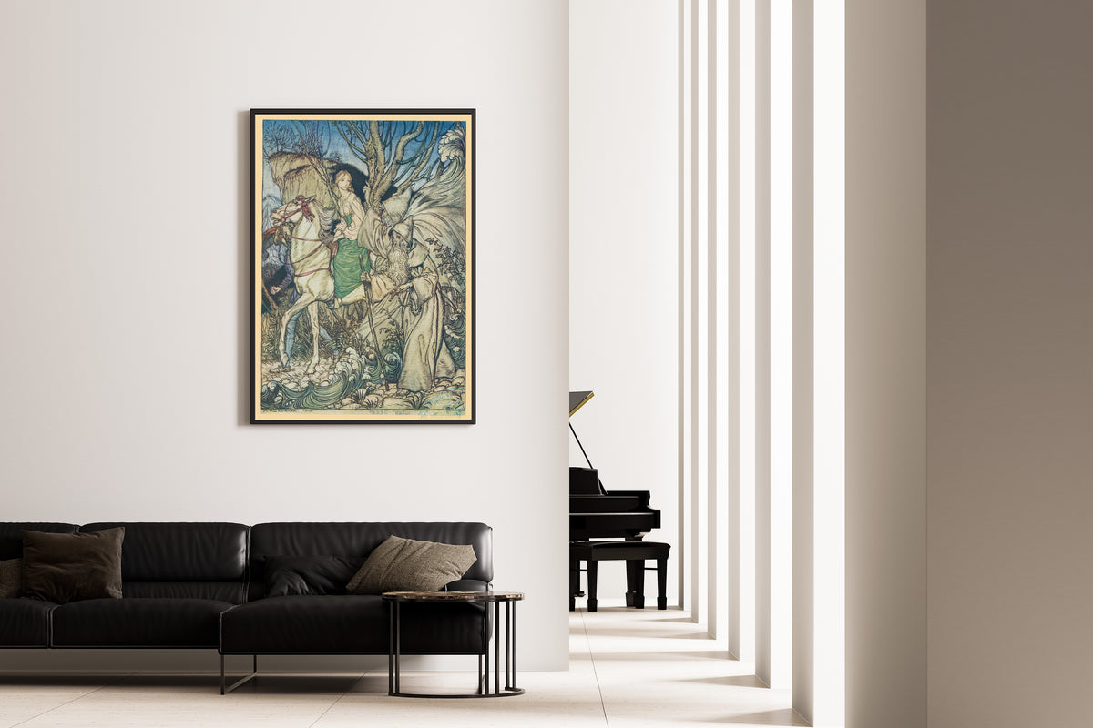 Undine by Arthur Rackham — framed on the wall of a minimal living room
