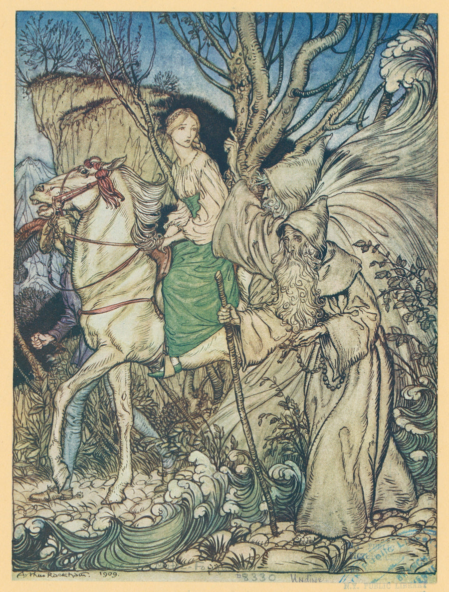 Arthur Rackham — Undine | Fairy Tale Illustration Print shown to scale on a wall above a sofa