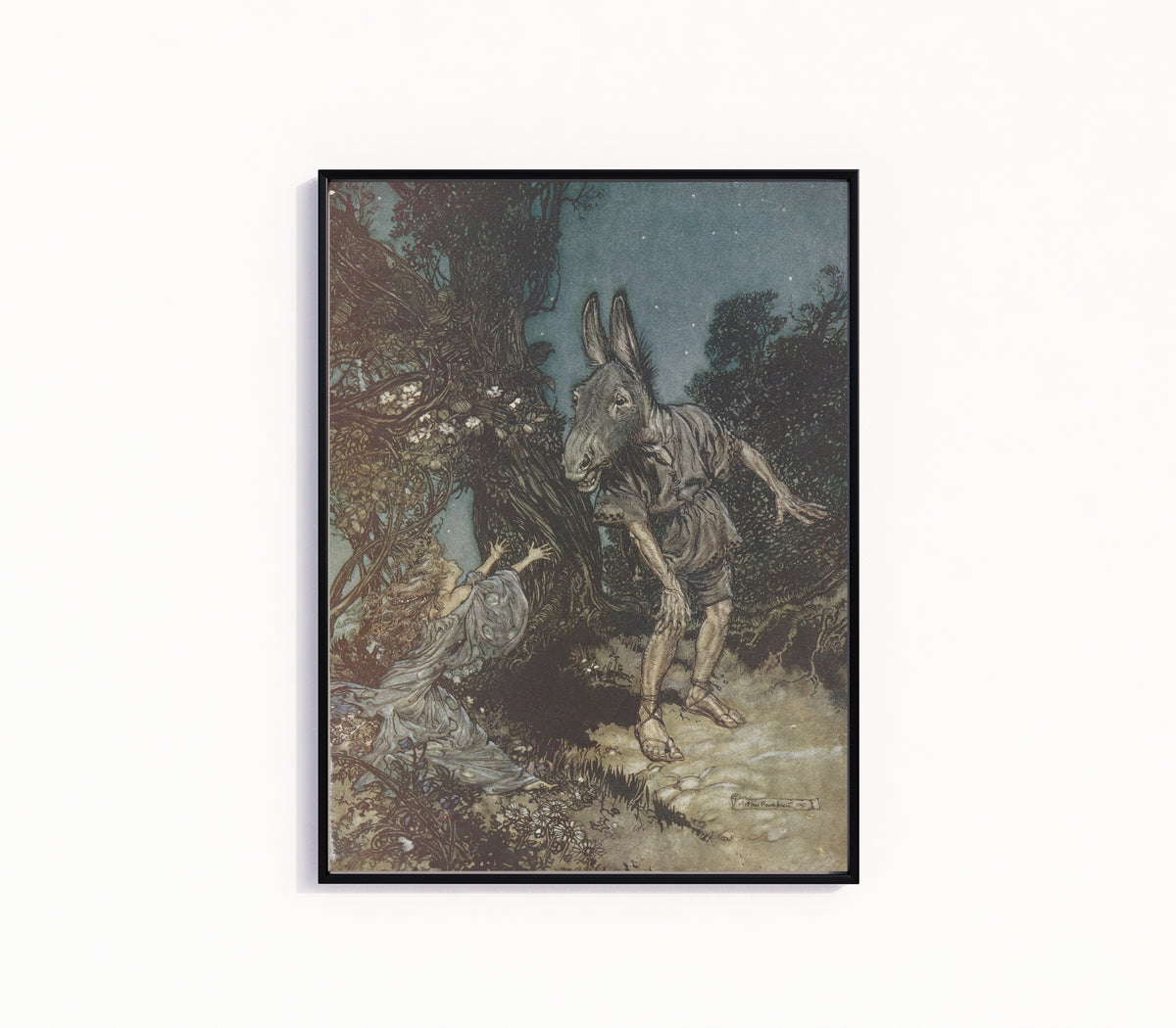 Framed art print of What Angel Wakes Me from My Flowery Bed? by Arthur Rackham, in a slim black frame on a plain white wall