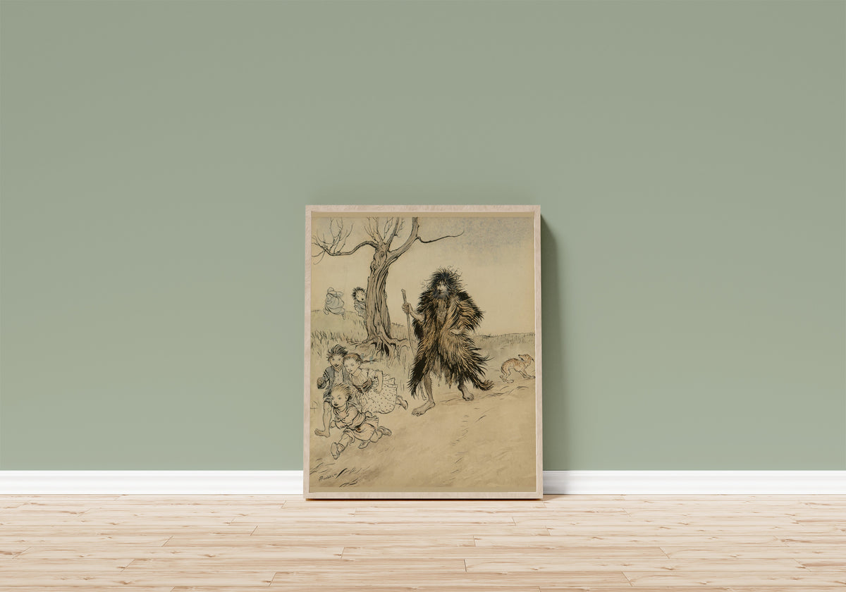 Framed art print of Whoever Saw Him, Ran Away by Arthur Rackham, in a light wood frame leaning on a sage green wall above a wooden floor