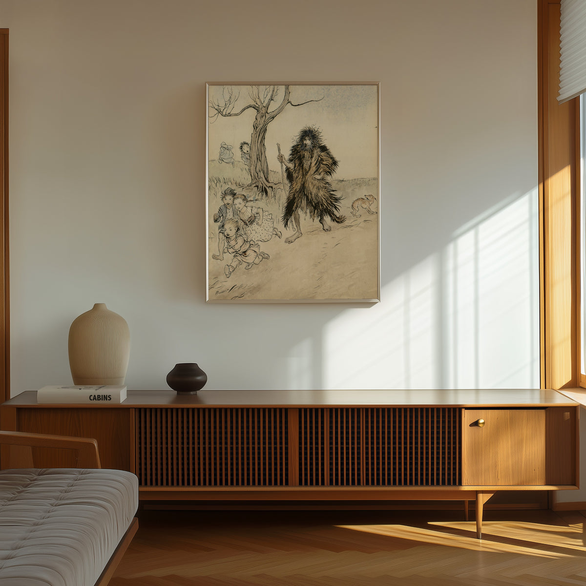 Framed art print of Whoever Saw Him, Ran Away by Arthur Rackham, in a thin light frame on a sunlit wall above a wooden sideboard