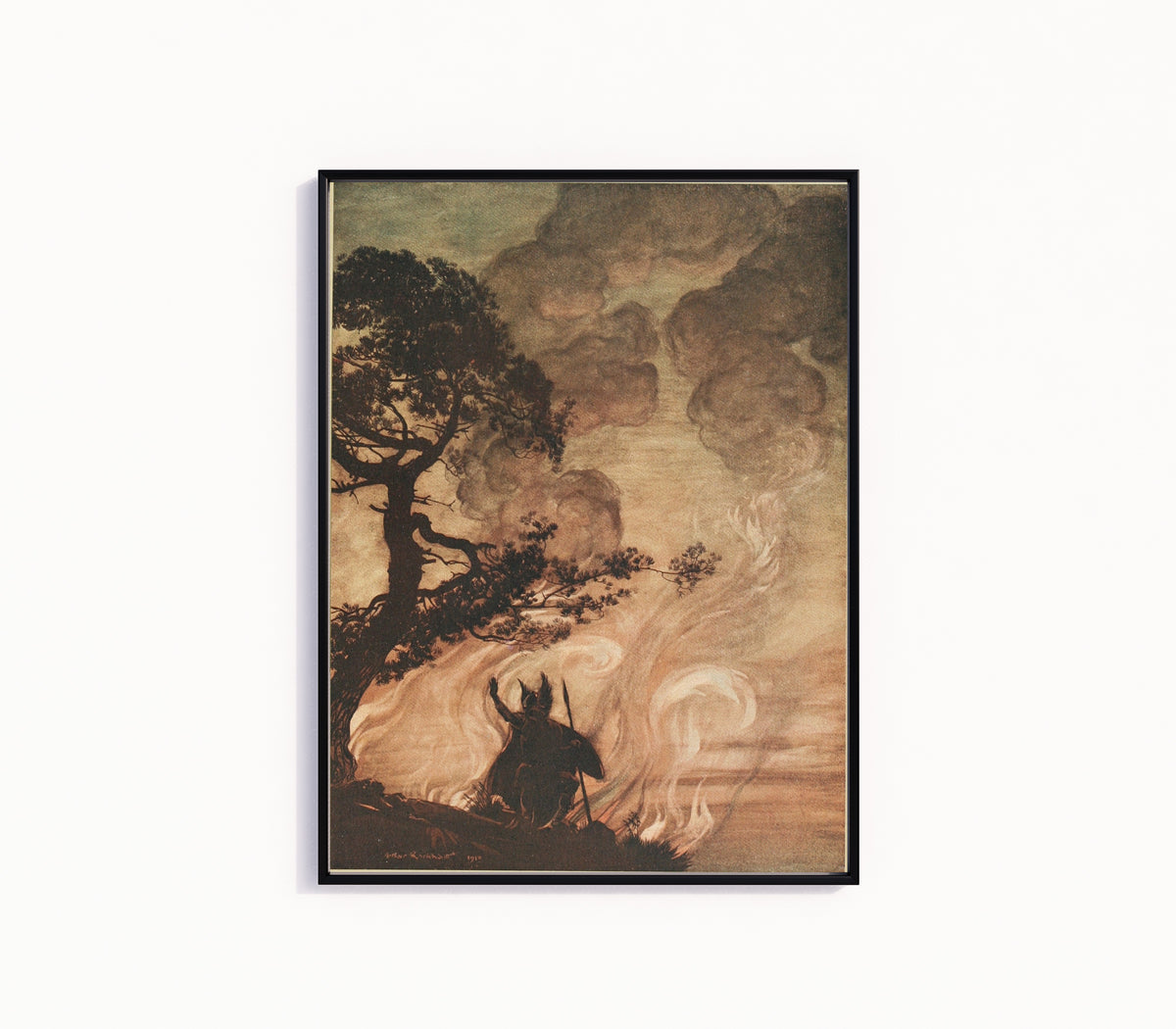 Framed art print of Wotan Turns and Looks Sorrowfully Back at Brünnhilde by Arthur Rackham, in a slim black frame on a plain white wall