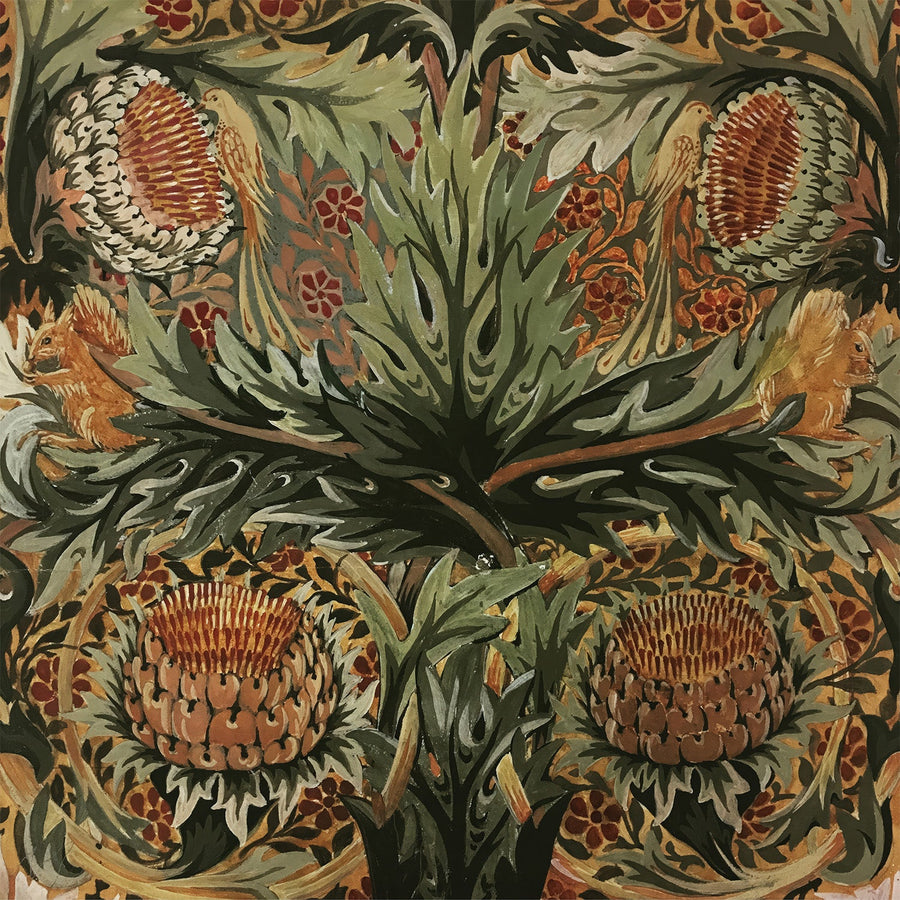 Arthur Heygate Mackmurdo — Artichoke, Birds and Squirrels | Botanical Art Print shown to scale on a wall above a sofa