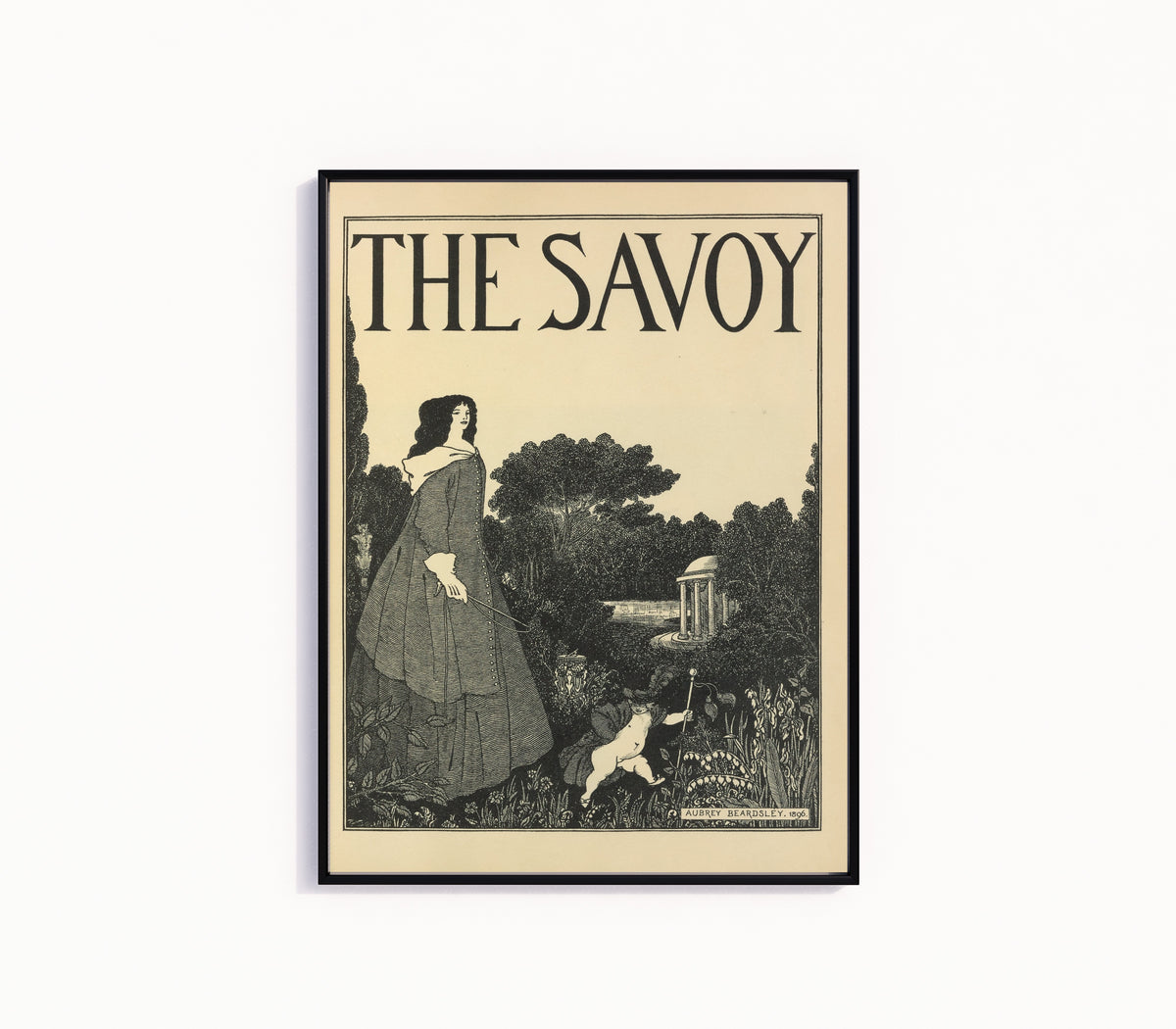 Framed art print of The Savoy: Cover Design for No. 1 by Aubrey Beardsley, in a slim black frame on a plain white wall
