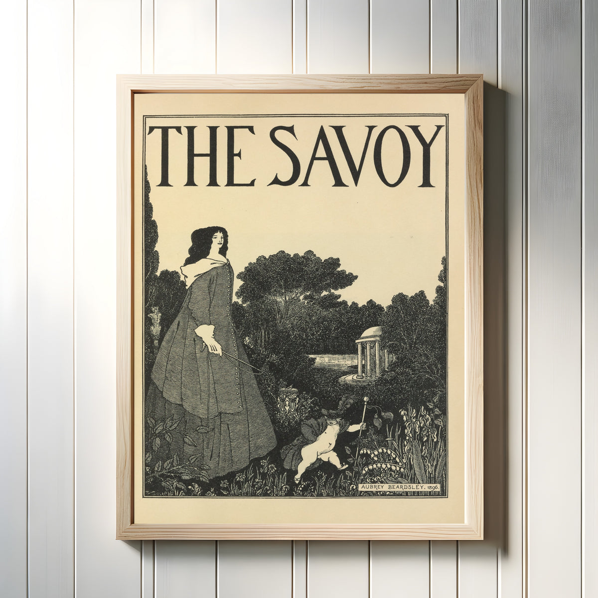 Framed art print of The Savoy: Cover Design for No. 1 by Aubrey Beardsley, in a light wood frame on a white panelled wall