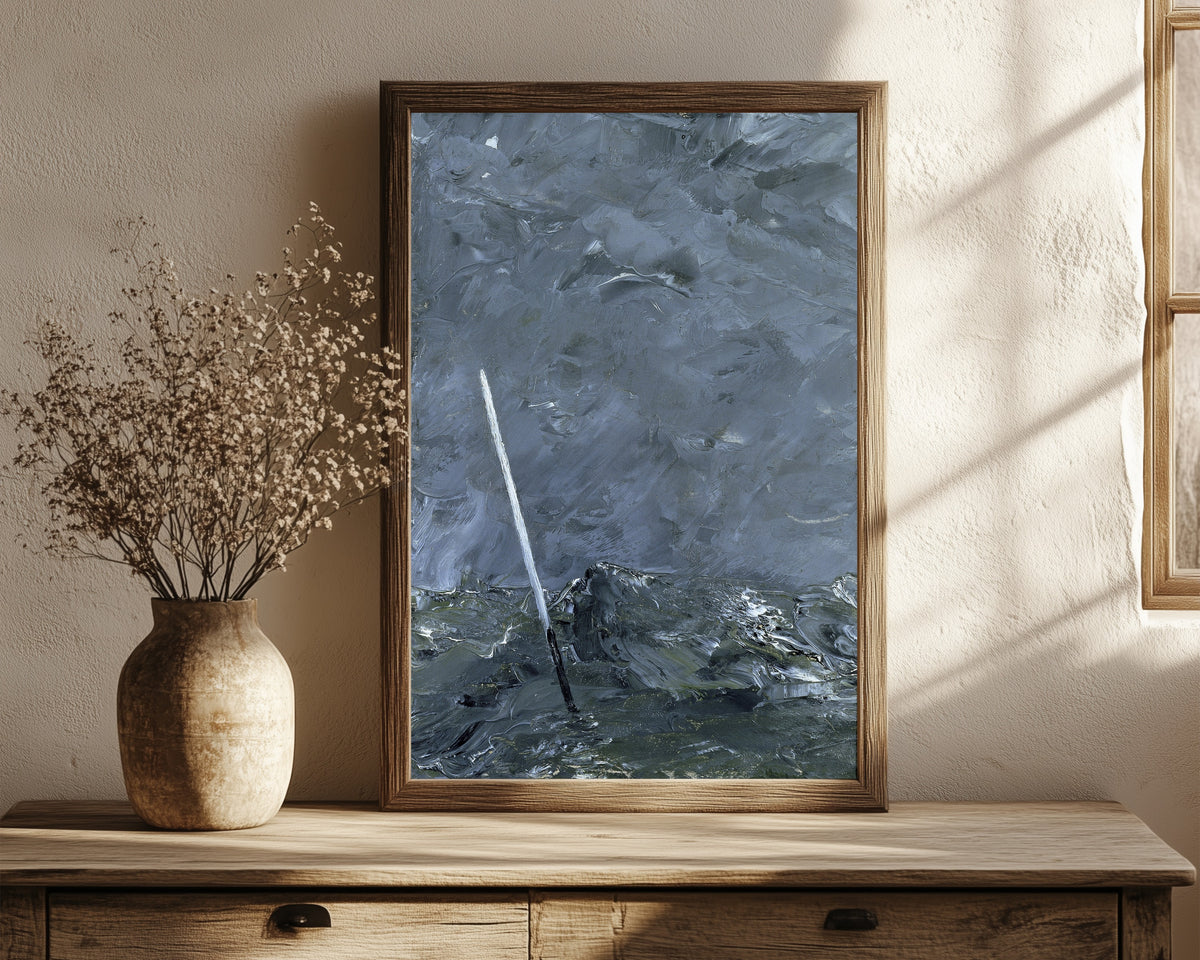 Framed art print of Stormy Sea, Buoy without Top Mark by August Strindberg, in a dark wood frame leaning on a rustic console beside dried flowers
