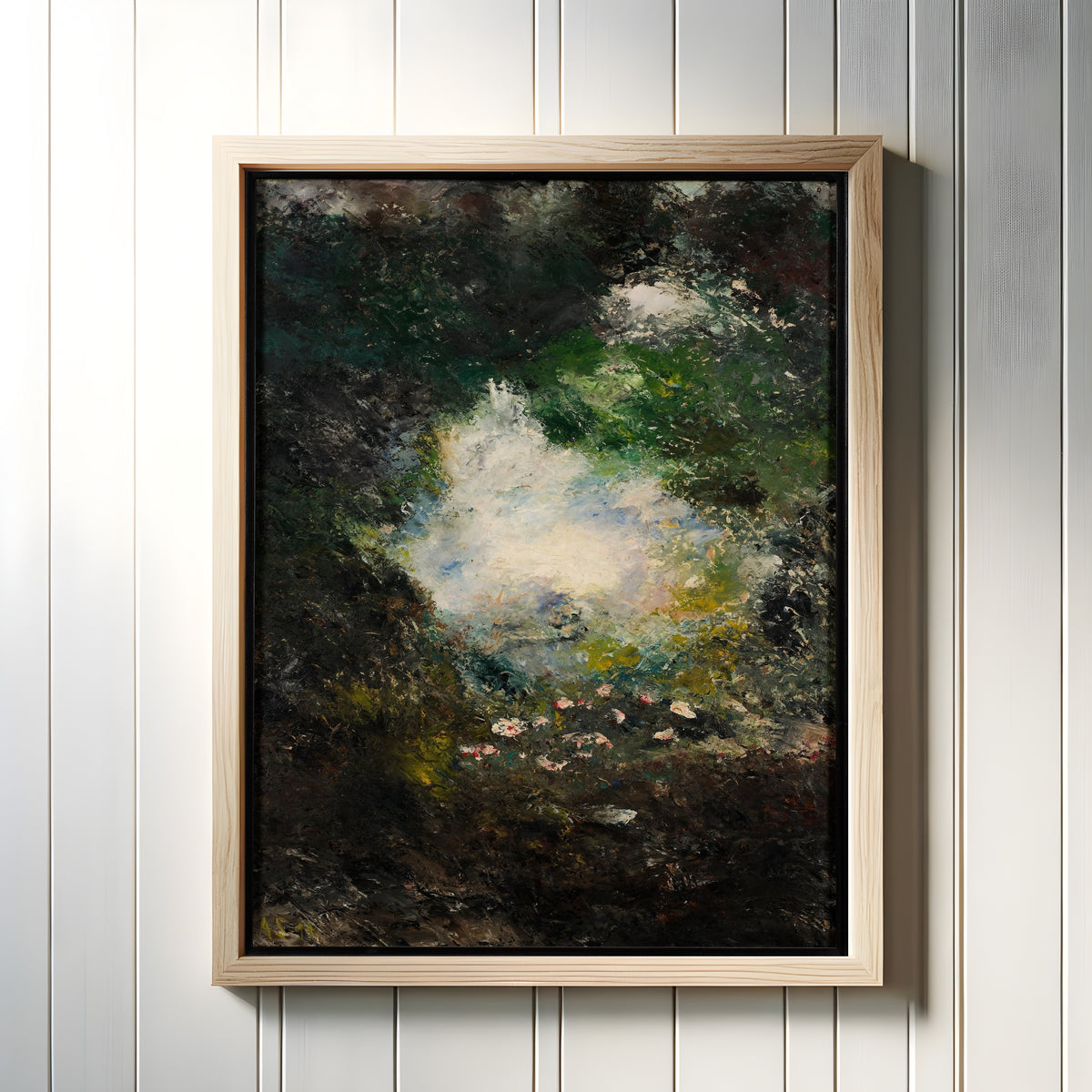 Framed art print of Wonderland (Underlandet) by August Strindberg, in a light wood frame on a white panelled wall