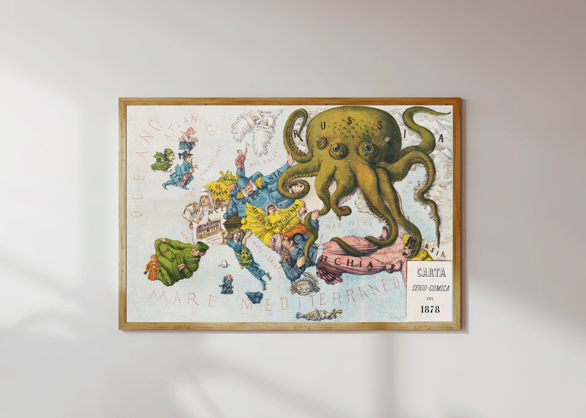Framed art print of La Piovra Russa: Carta Serio-Comica 1878 by Augusto Grossi, in a light wood frame on a sunlit white wall