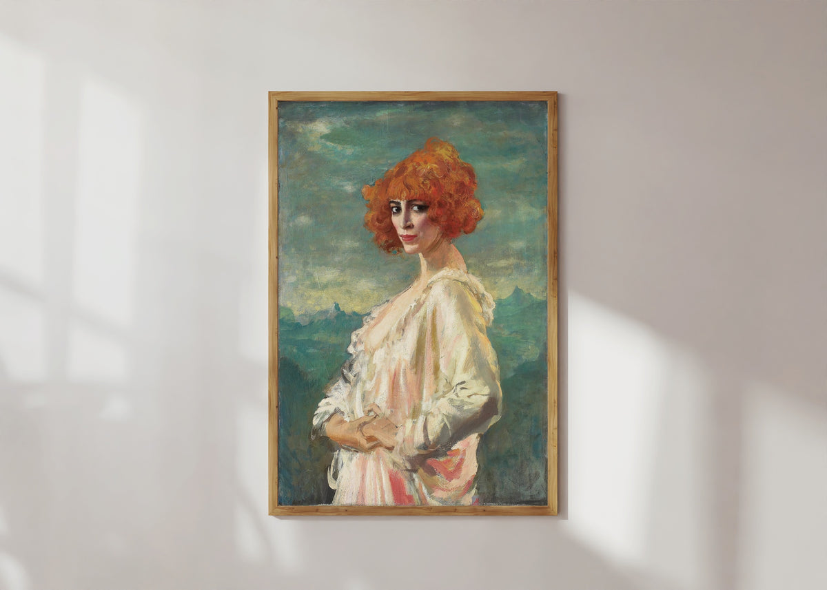 Framed art print of The Marchesa Casati by Augustus John, in a light wood frame on a sunlit white wall