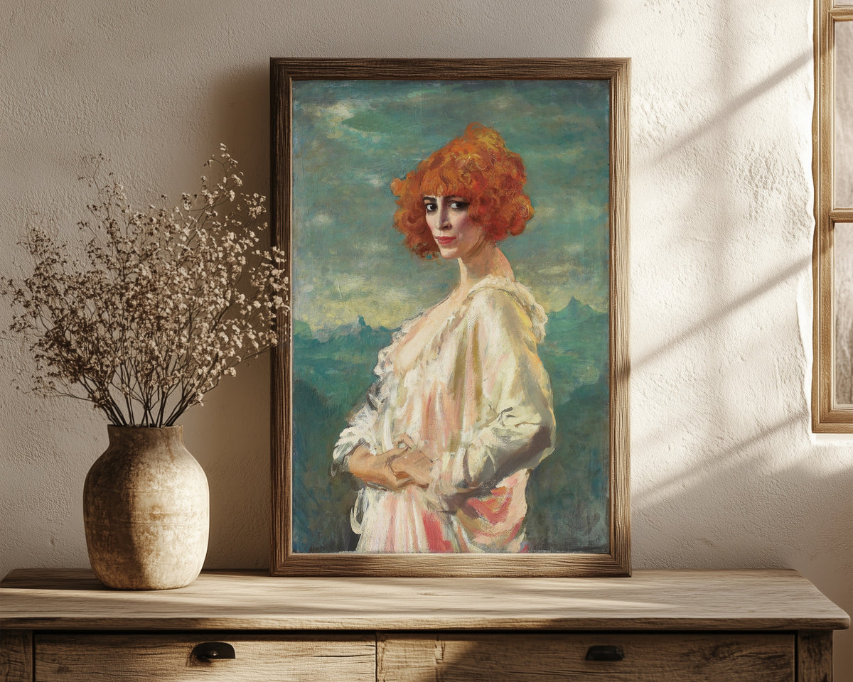 Framed art print of The Marchesa Casati by Augustus John, in a dark wood frame leaning on a rustic console beside dried flowers