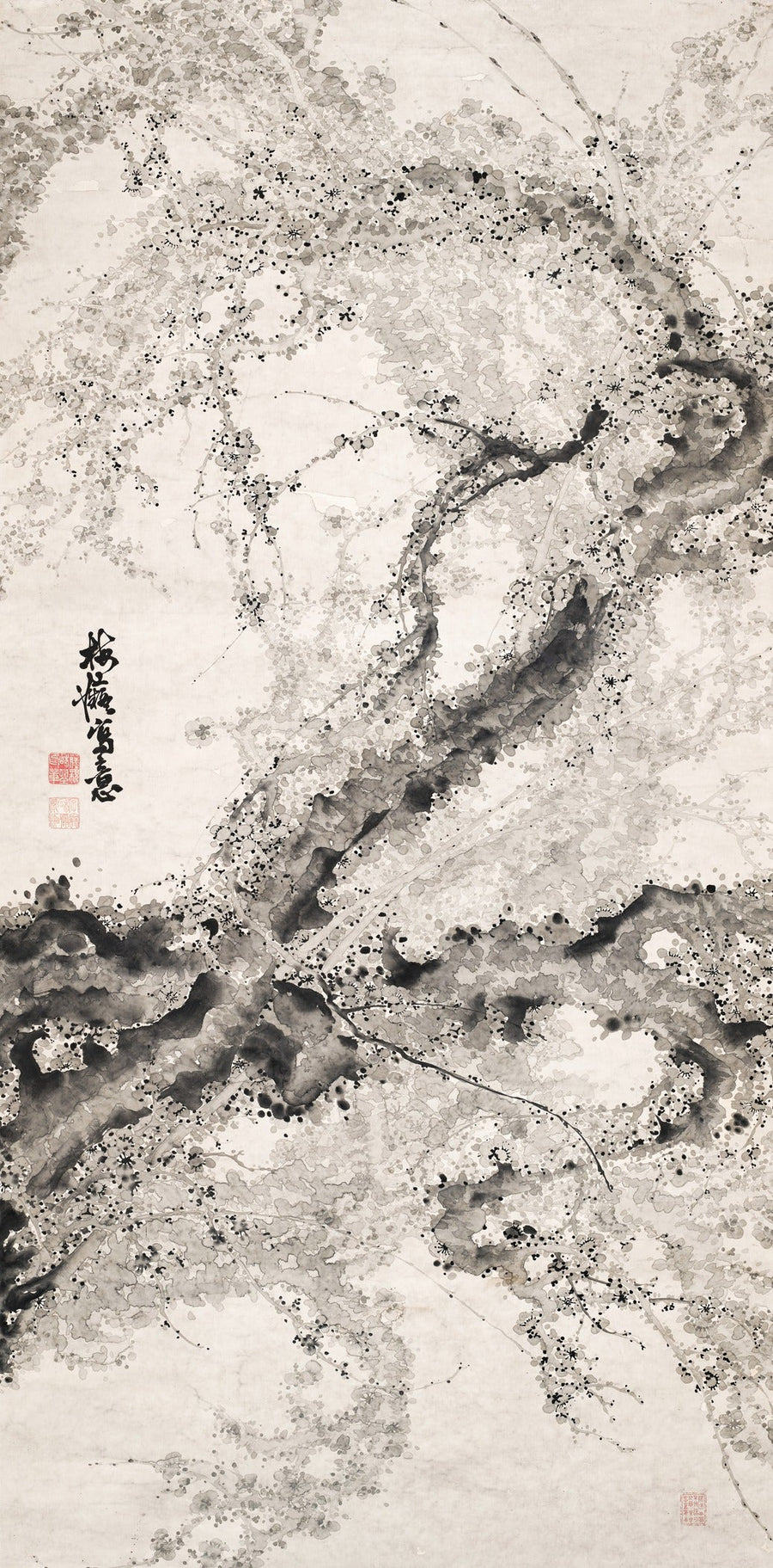 Bachi Dōjin — Japanese Plum Tree | Edo Period Painting shown to scale on a wall above a sofa
