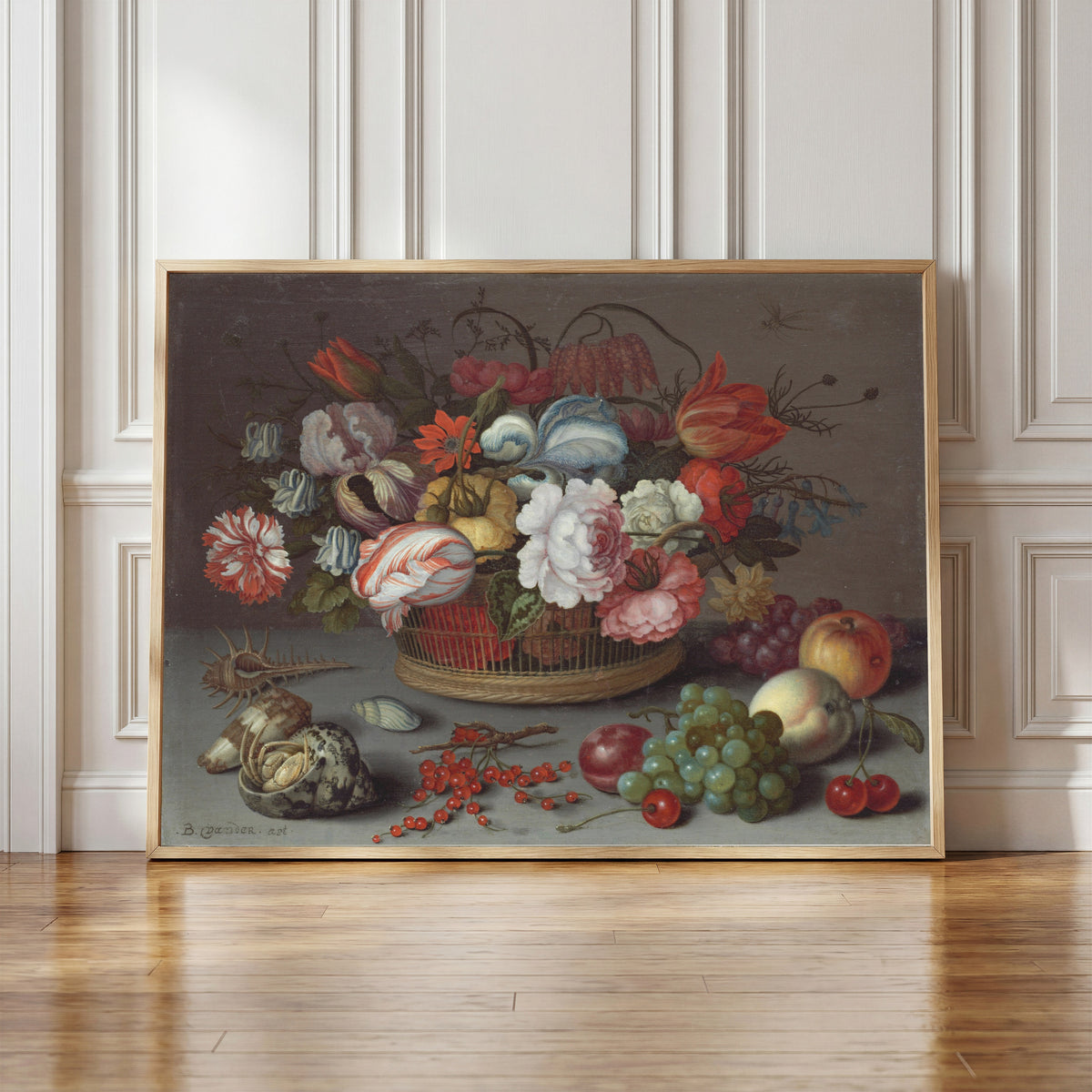 Framed art print of Basket of Flowers by Balthasar van der Ast, in a light wood frame leaning against a panelled white wall