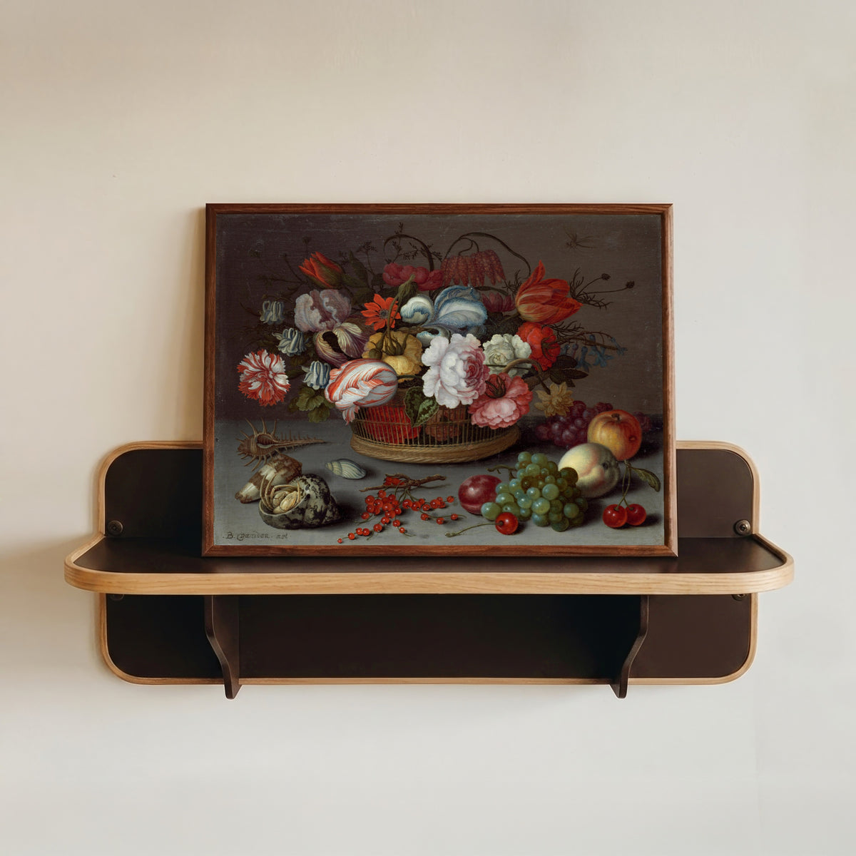 Framed art print of Basket of Flowers by Balthasar van der Ast, in a dark wood frame resting on a wall shelf