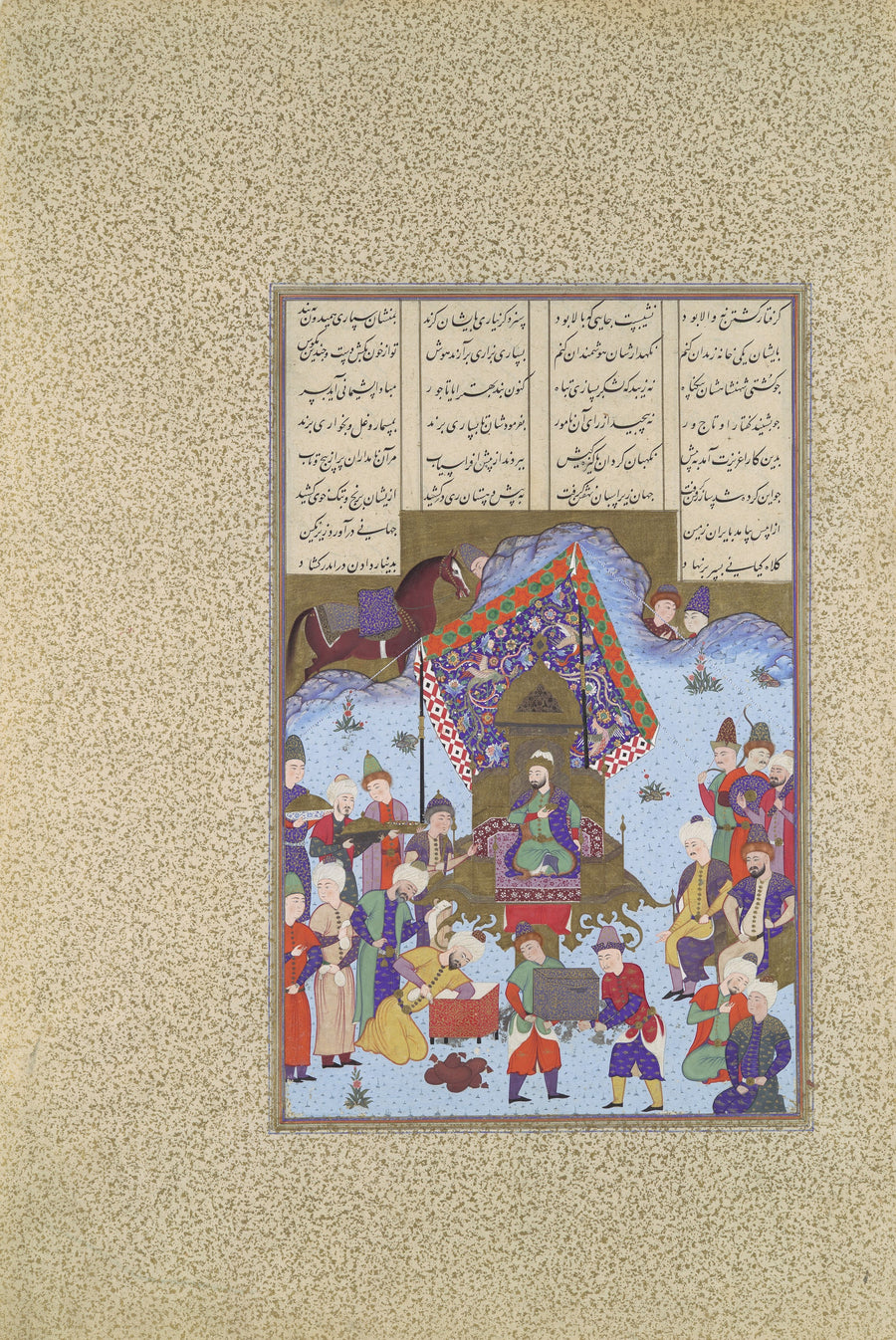 Bashdan Qara (attributed) — Shahnama of Shah Tahmasp: Afrasiyab on the Iranian Throne | Persian Miniature Art Print shown to scale on a wall above a sofa