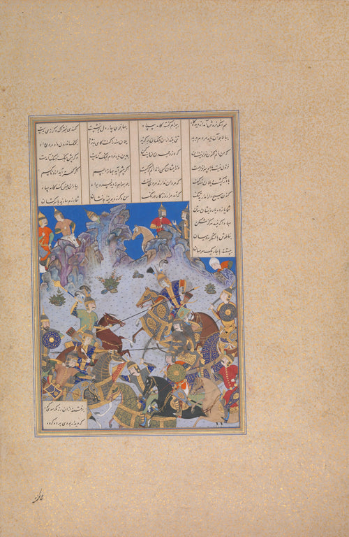 Bashdan Qara (attributed) — Shahnama of Shah Tahmasp: Khusrau Parviz's Charge against Bahram Chubina | Persian Miniature Art Print
