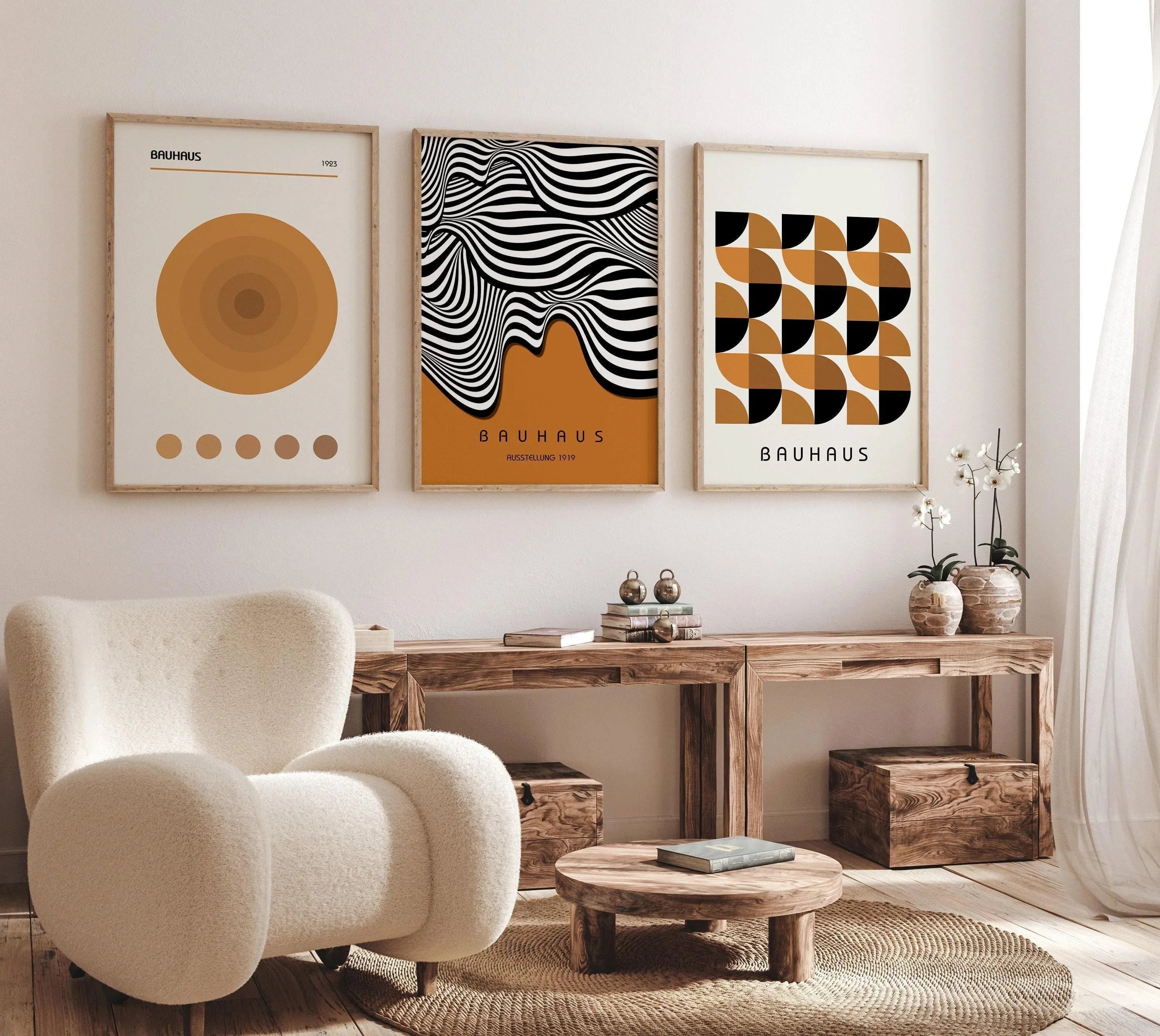 Bauhaus Art Prints: Mid - Century Modern Trio, Brown Geometric Posters - 9ArtPrints