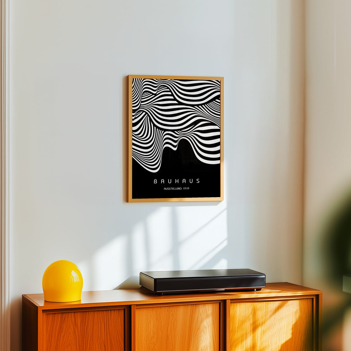 Framed art print of Ausstellung Waves by Bauhaus, in a light wood frame on a white wall above an orange sideboard