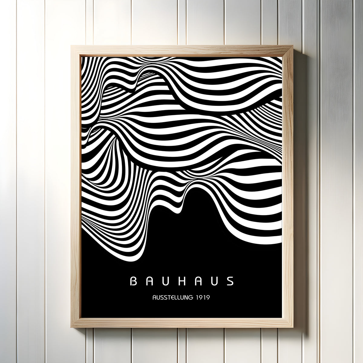 Framed art print of Ausstellung Waves by Bauhaus, in a light wood frame on a white panelled wall
