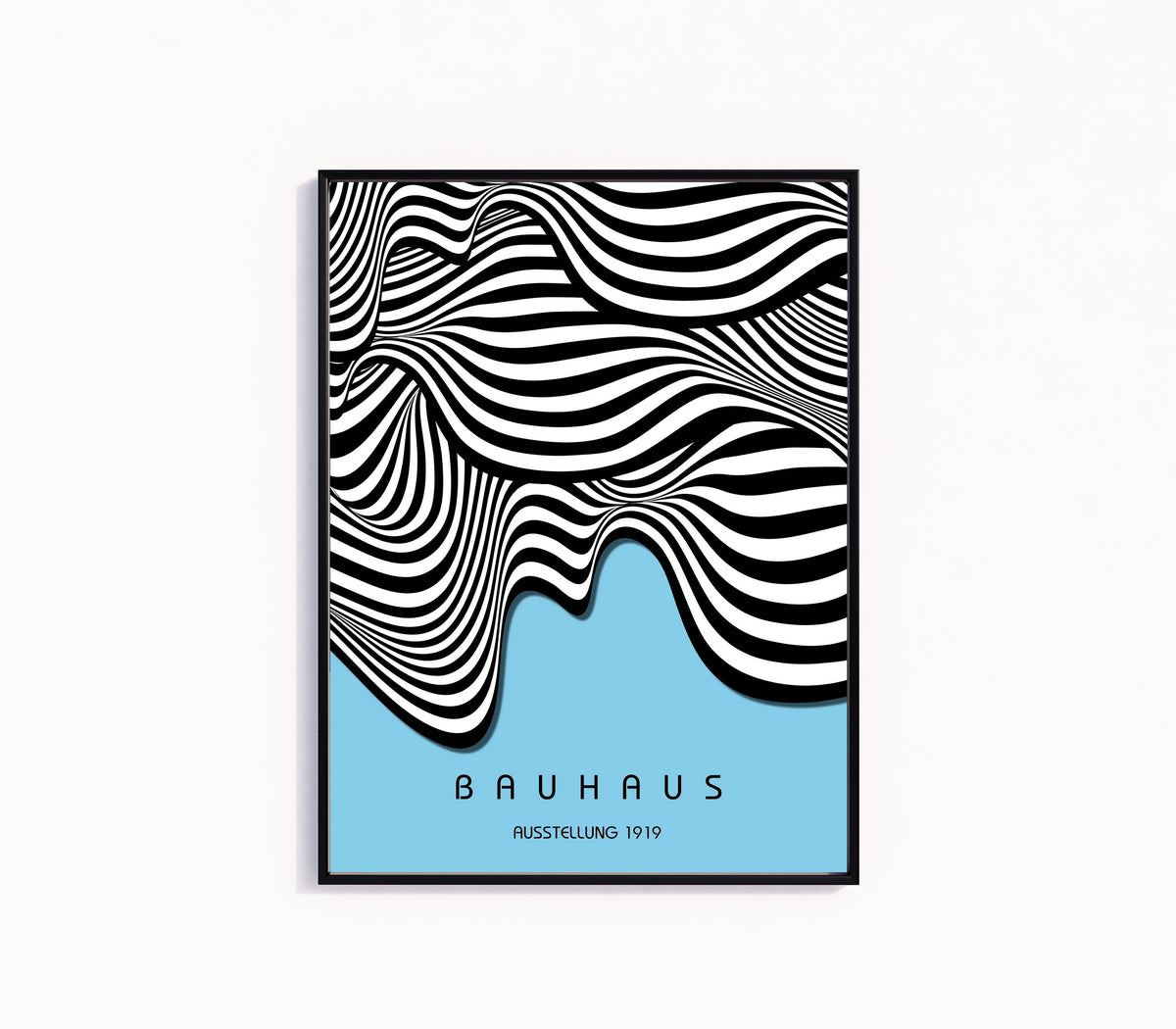 Framed art print of Ausstellung Waves by Bauhaus, in a slim black frame on a plain white wall