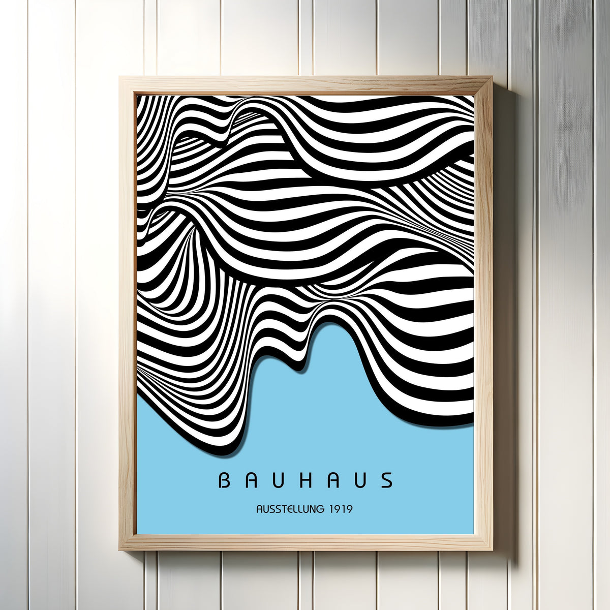 Framed art print of Ausstellung Waves by Bauhaus, in a light wood frame on a white panelled wall