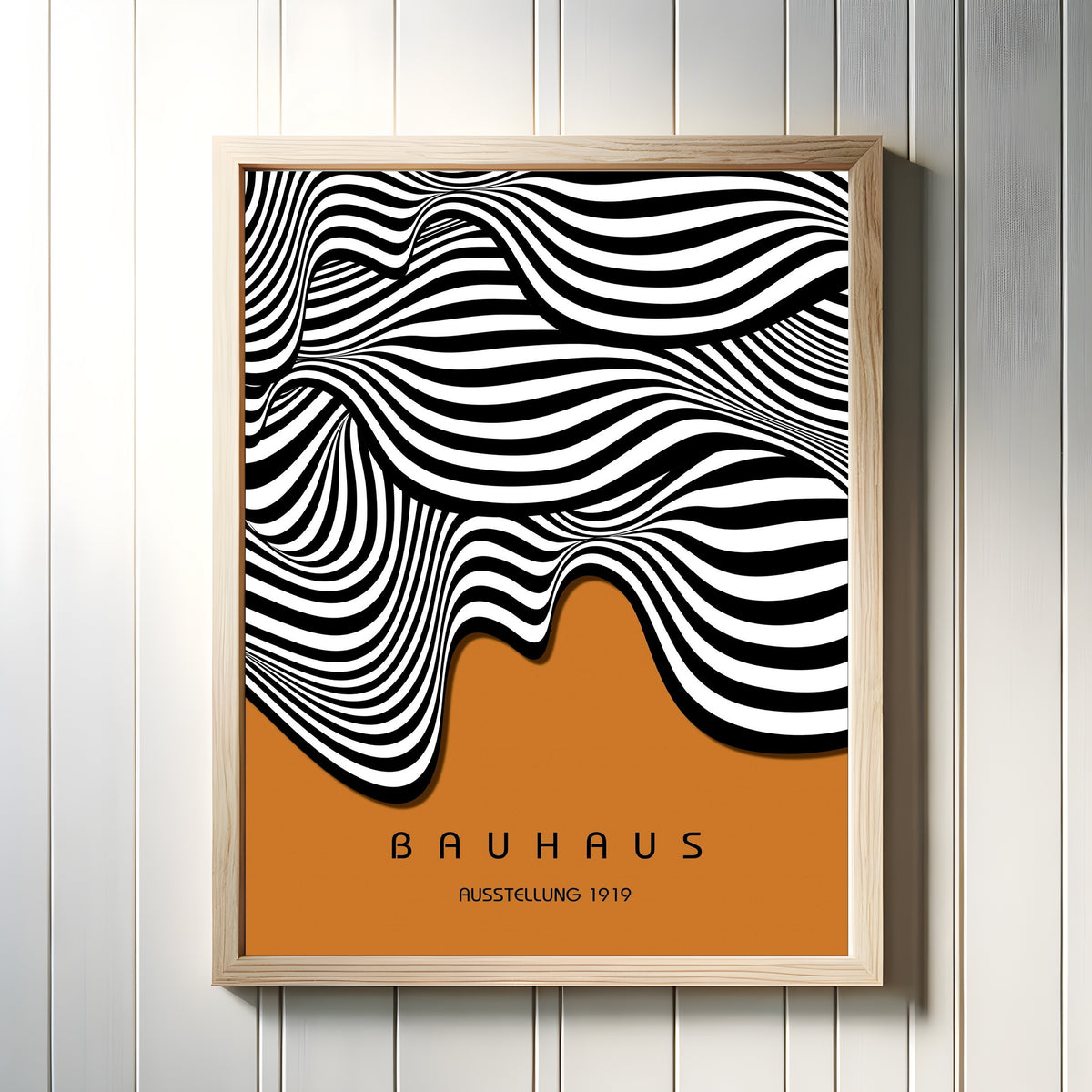 Framed art print of Ausstellung Waves by Bauhaus, in a light wood frame on a white panelled wall