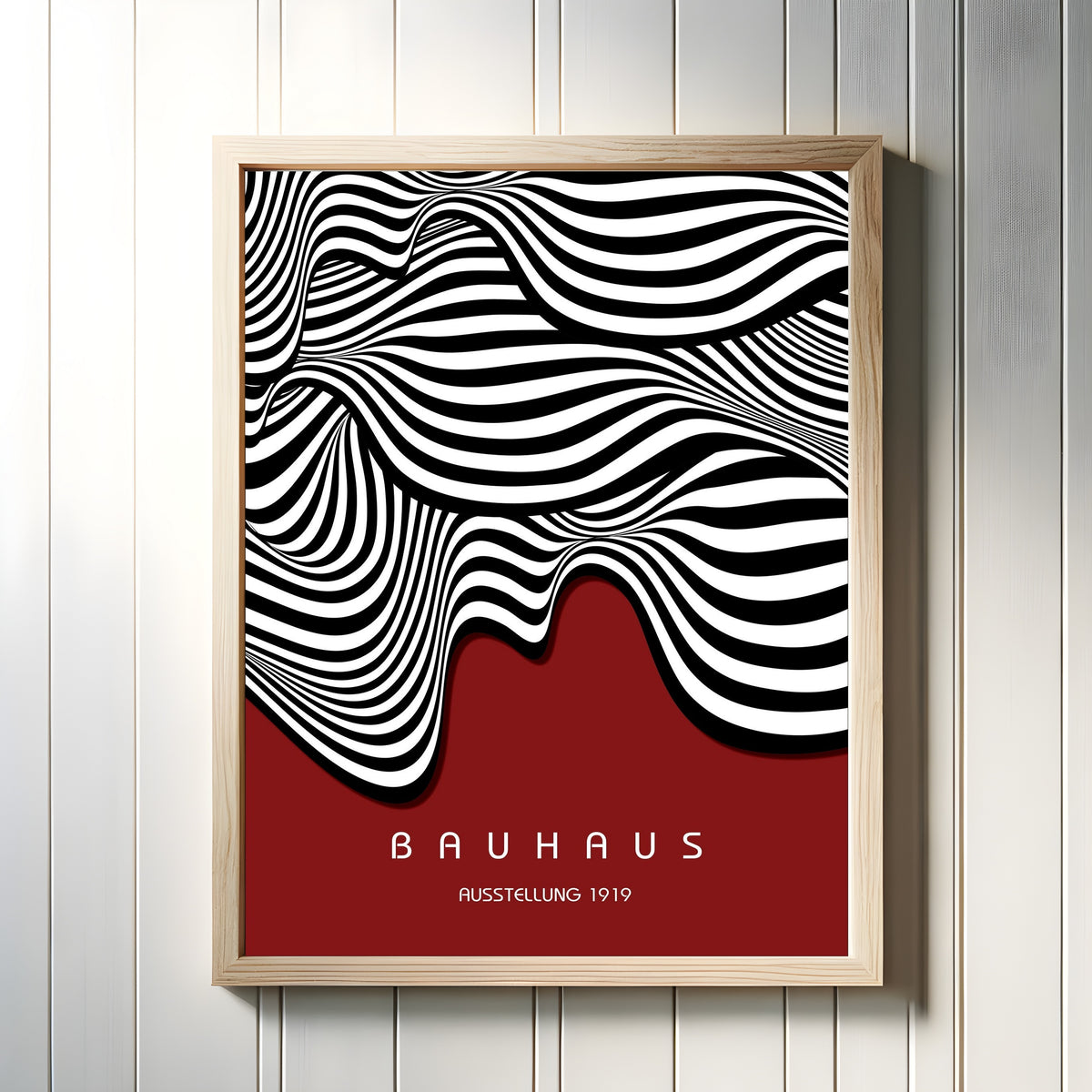 Framed art print of Ausstellung Waves by Bauhaus, in a light wood frame on a white panelled wall