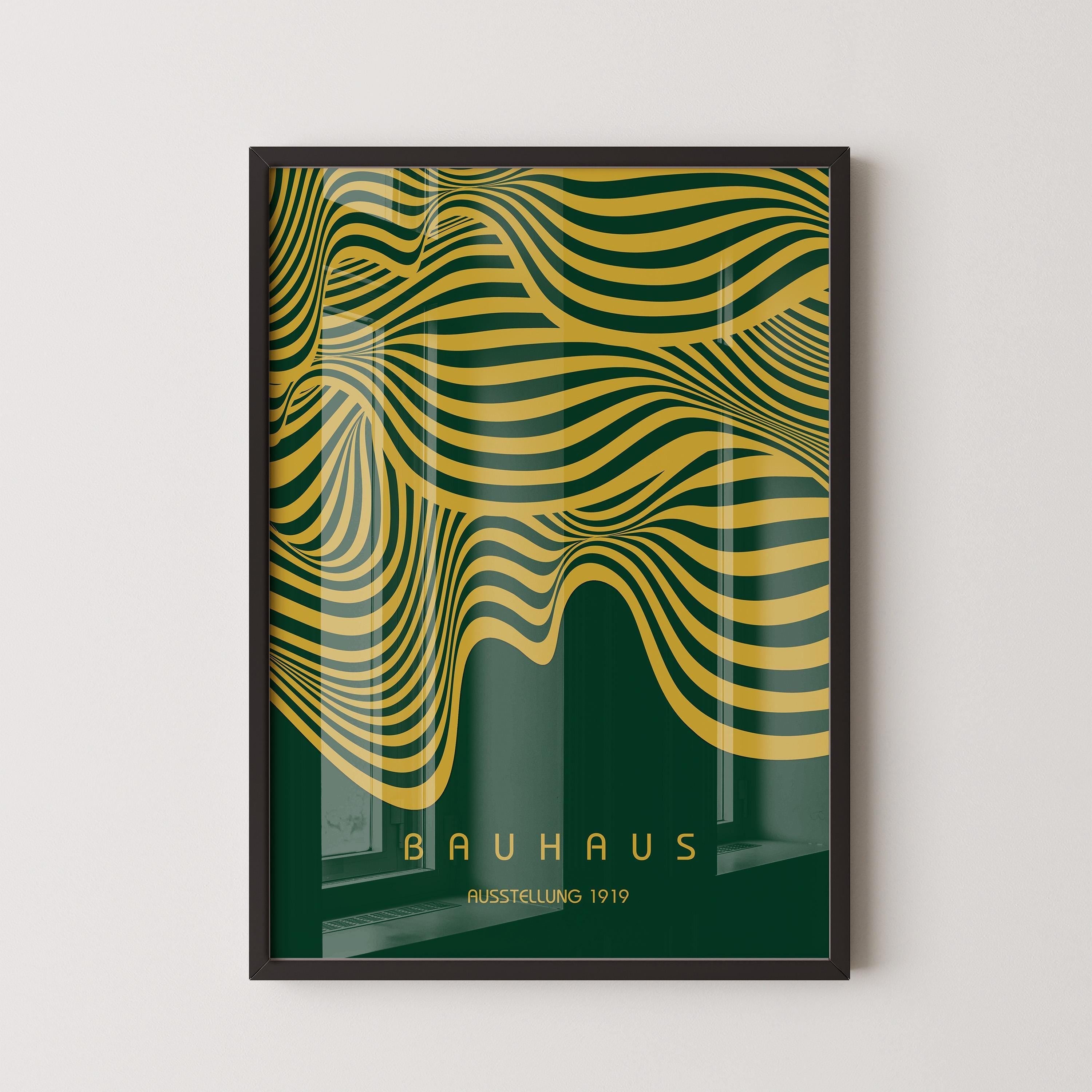 Bauhaus Ausstellung Forest Green and Gold (Waves) PREMIUM GICLÉE PRINT | Vintage Mid - century Modern Poster (Available handframed) - 9ArtPrints