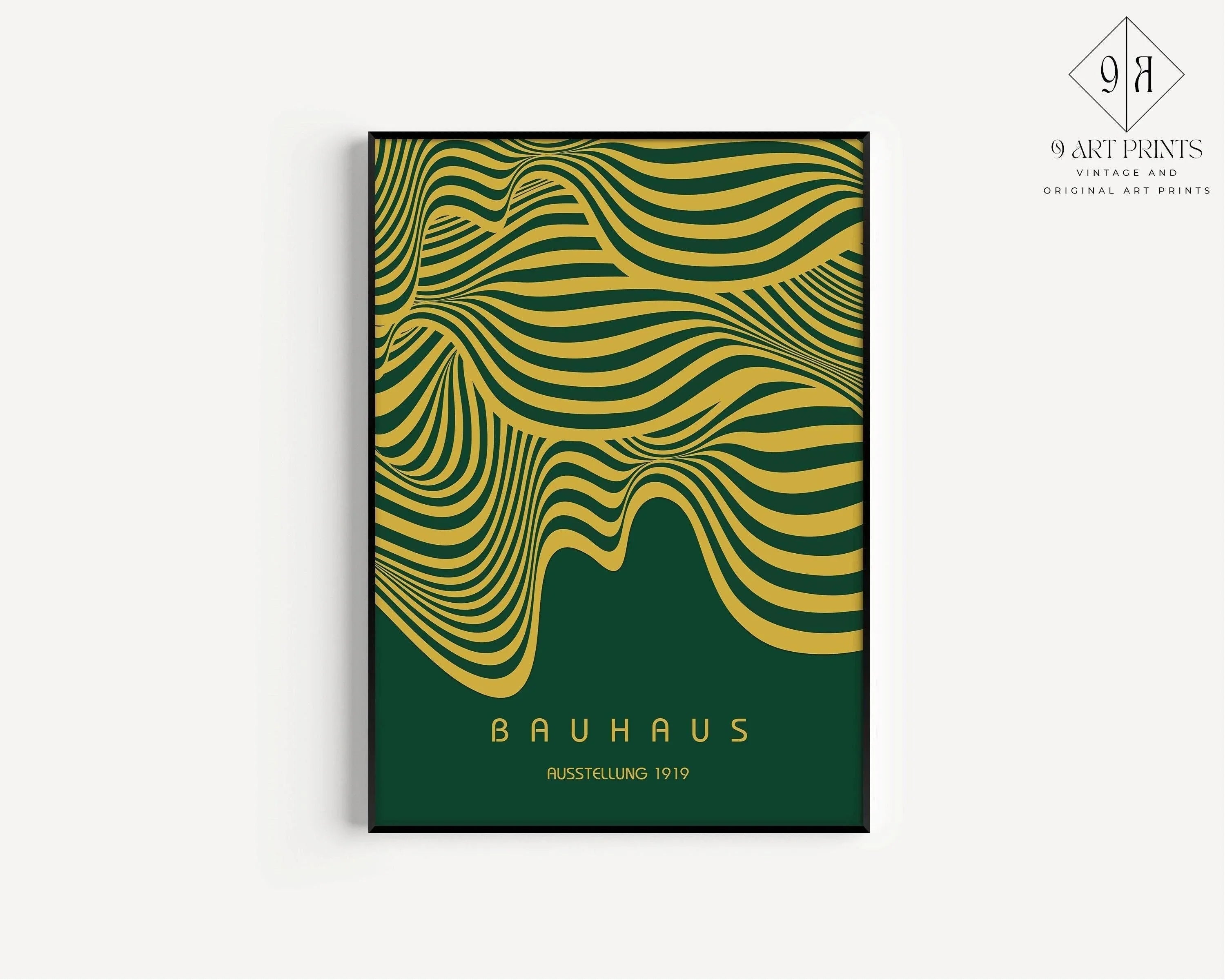 Bauhaus Ausstellung Forest Green and Gold (Waves) PRINT | Vintage Mid - century Modern Poster (Available handframed) - 9ArtPrints