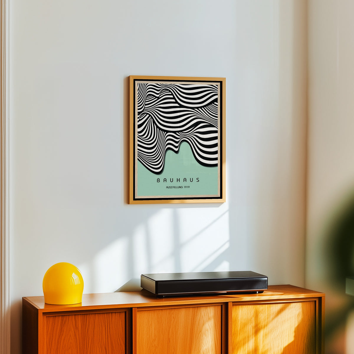 Framed art print of Ausstellung Waves by Bauhaus, in a light wood frame on a white wall above an orange sideboard