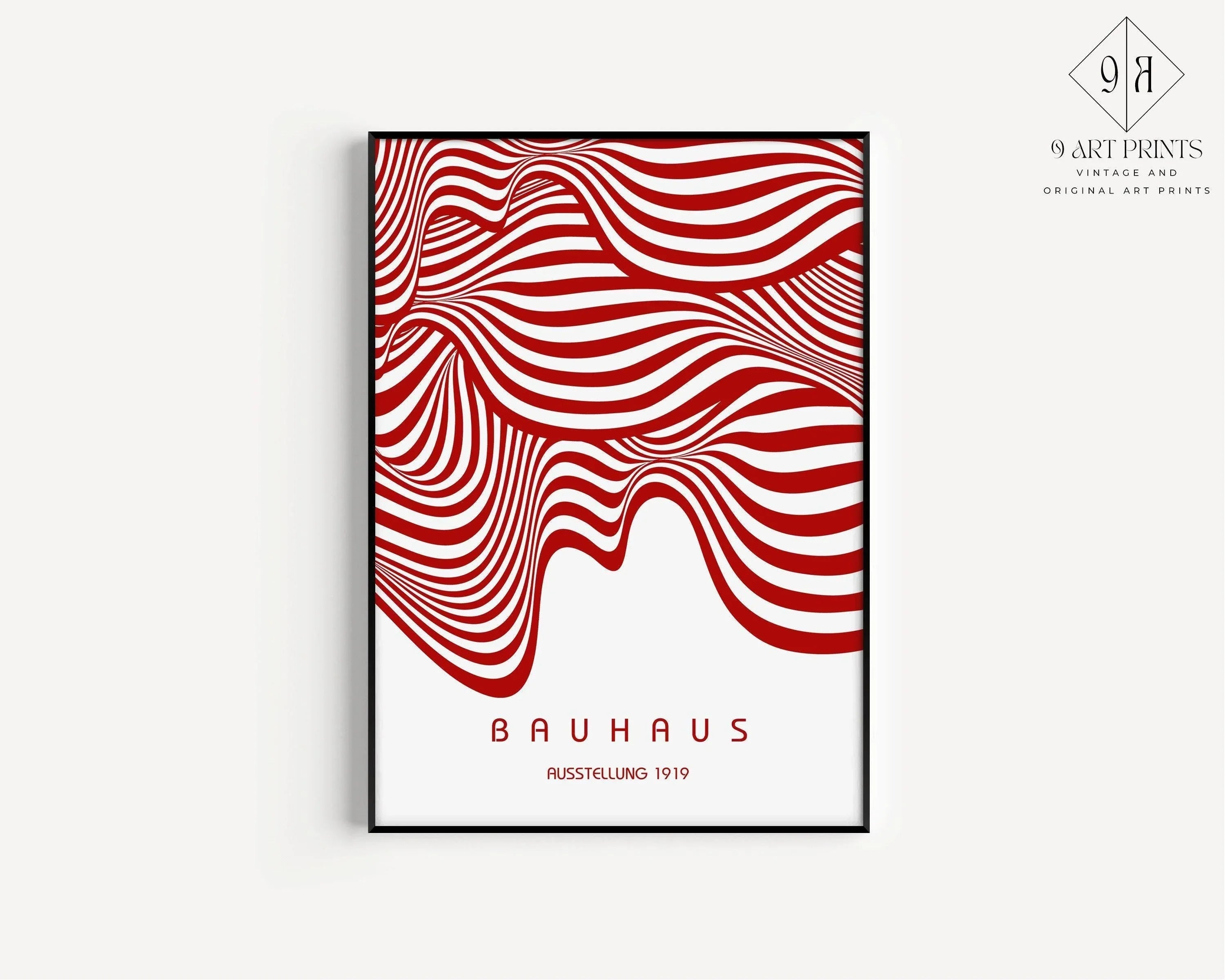 Bauhaus Ausstellung Red and White (Waves) PRINT | Vintage Mid - century Modern Poster (Available handframed or unframed) - 9ArtPrints