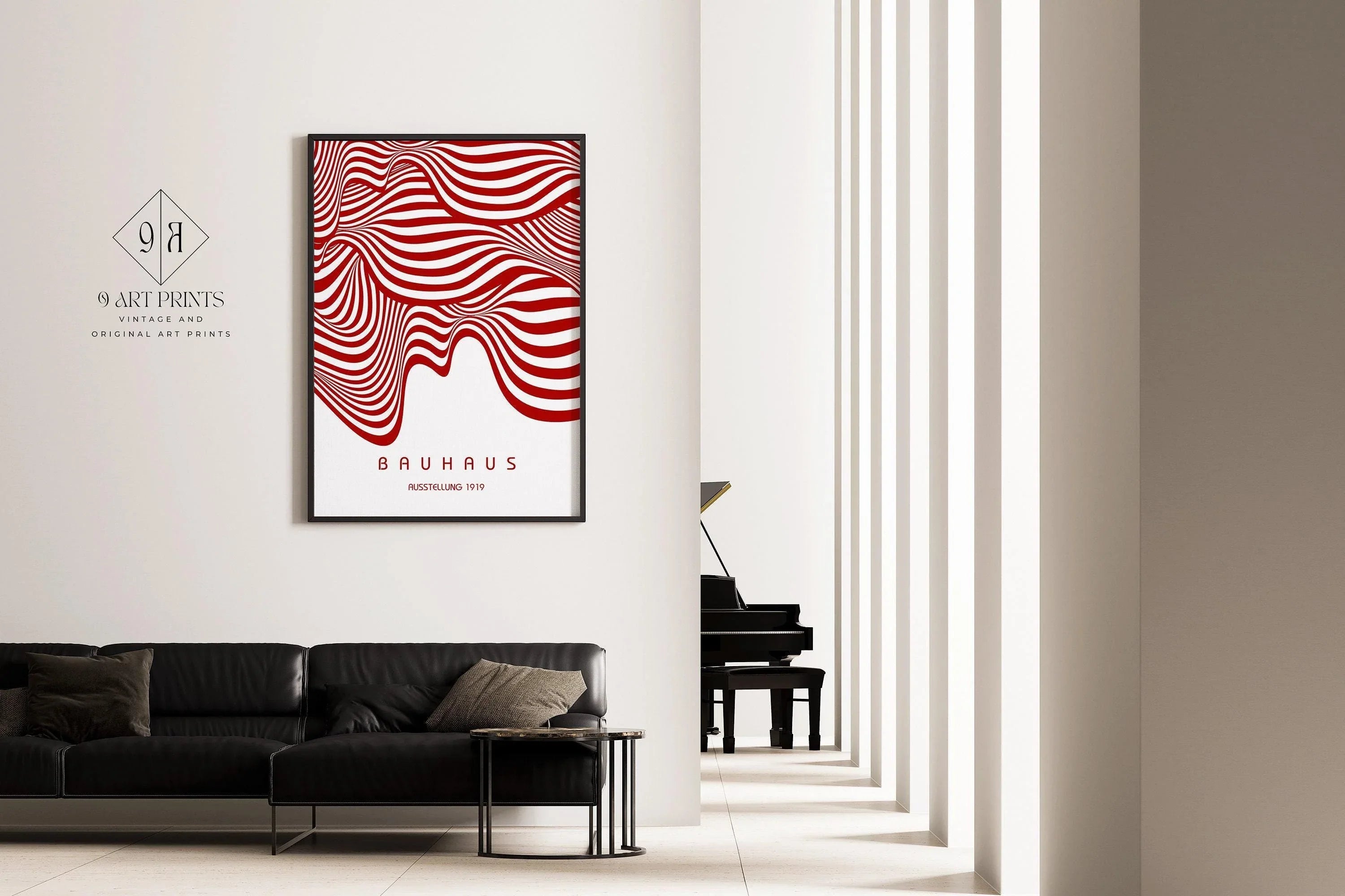 Bauhaus Ausstellung Red and White (Waves) PRINT | Vintage Mid - century Modern Poster (Available handframed or unframed) - 9ArtPrints