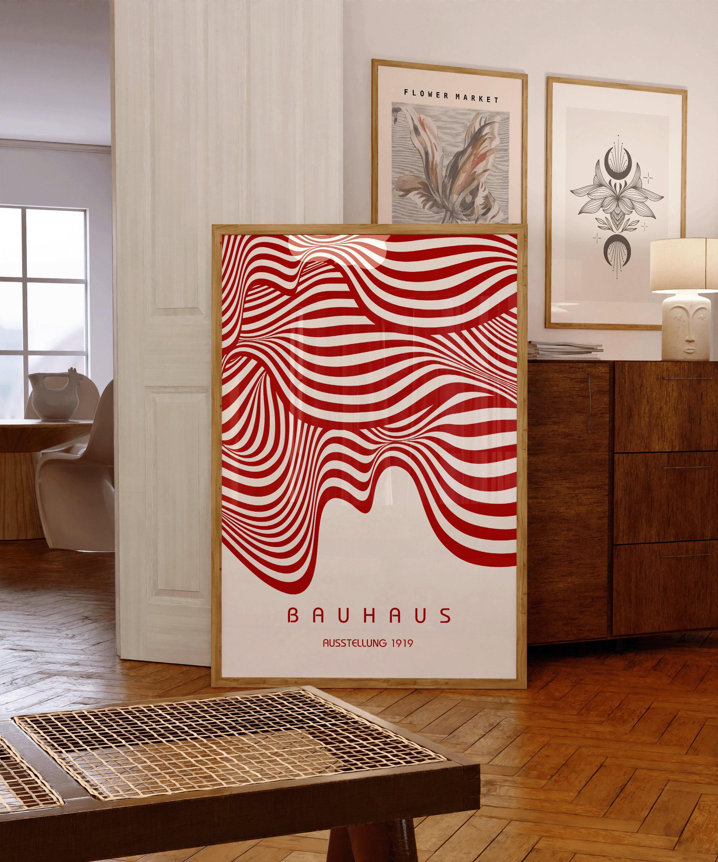 Bauhaus Ausstellung Red and White (Waves) PRINT | Vintage Mid - century Modern Poster (Available handframed or unframed) - 9ArtPrints