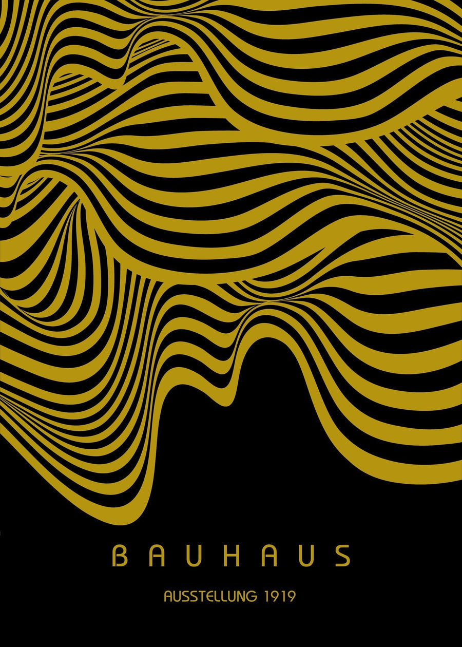 Bauhaus — Ausstellung Waves | Mid-Century Modern Print in Black & Gold shown to scale on a wall above a sofa