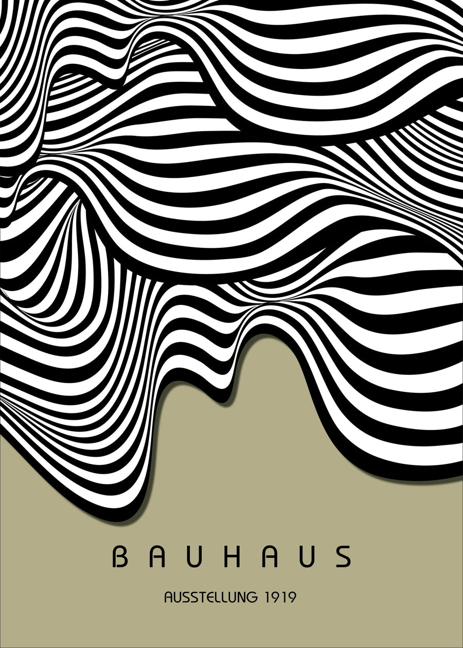Bauhaus — Ausstellung Waves | Mid-Century Modern Print in Sage Green shown to scale on a wall above a sofa