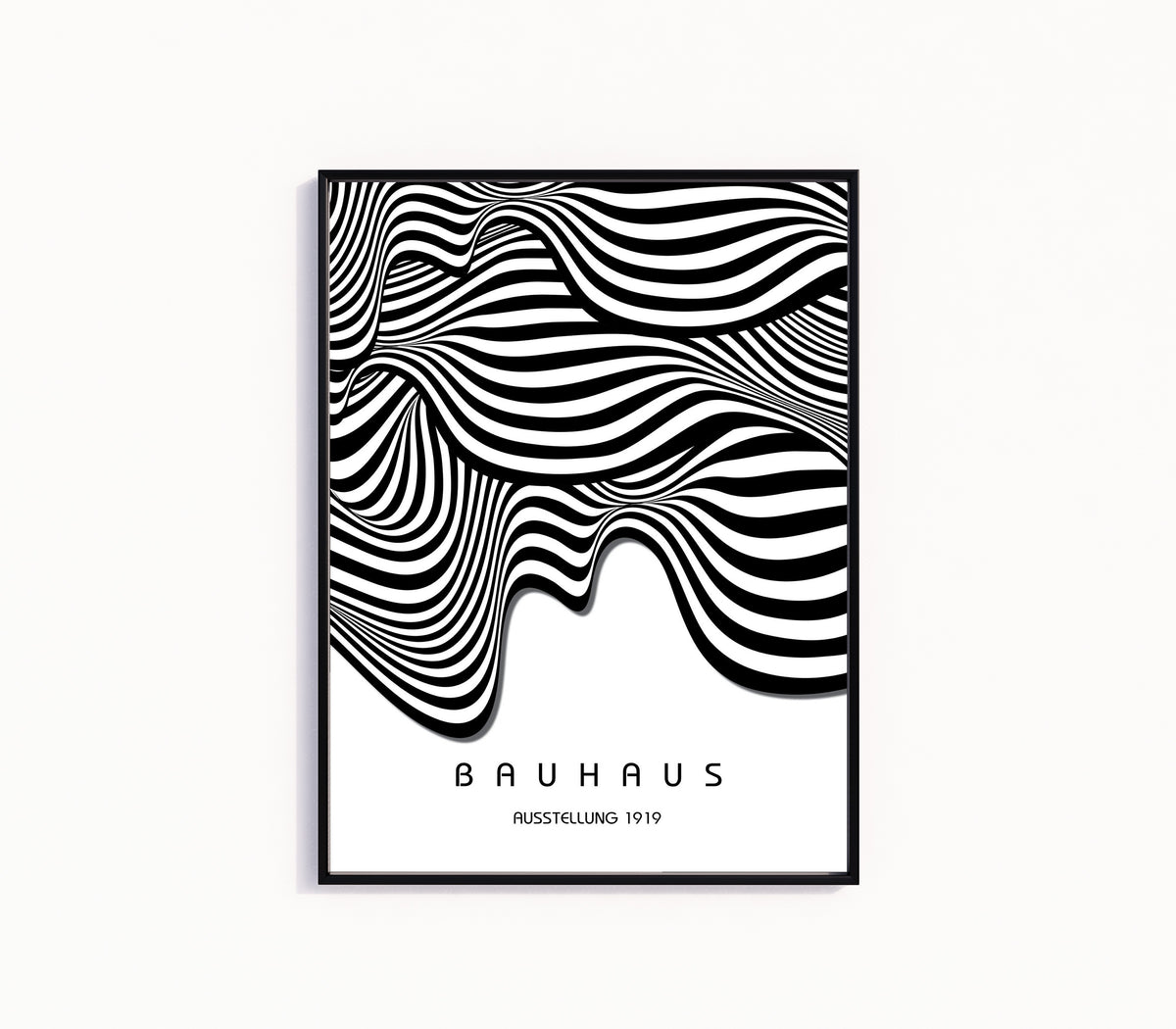 Framed art print of Ausstellung Waves by Bauhaus, in a slim black frame on a plain white wall