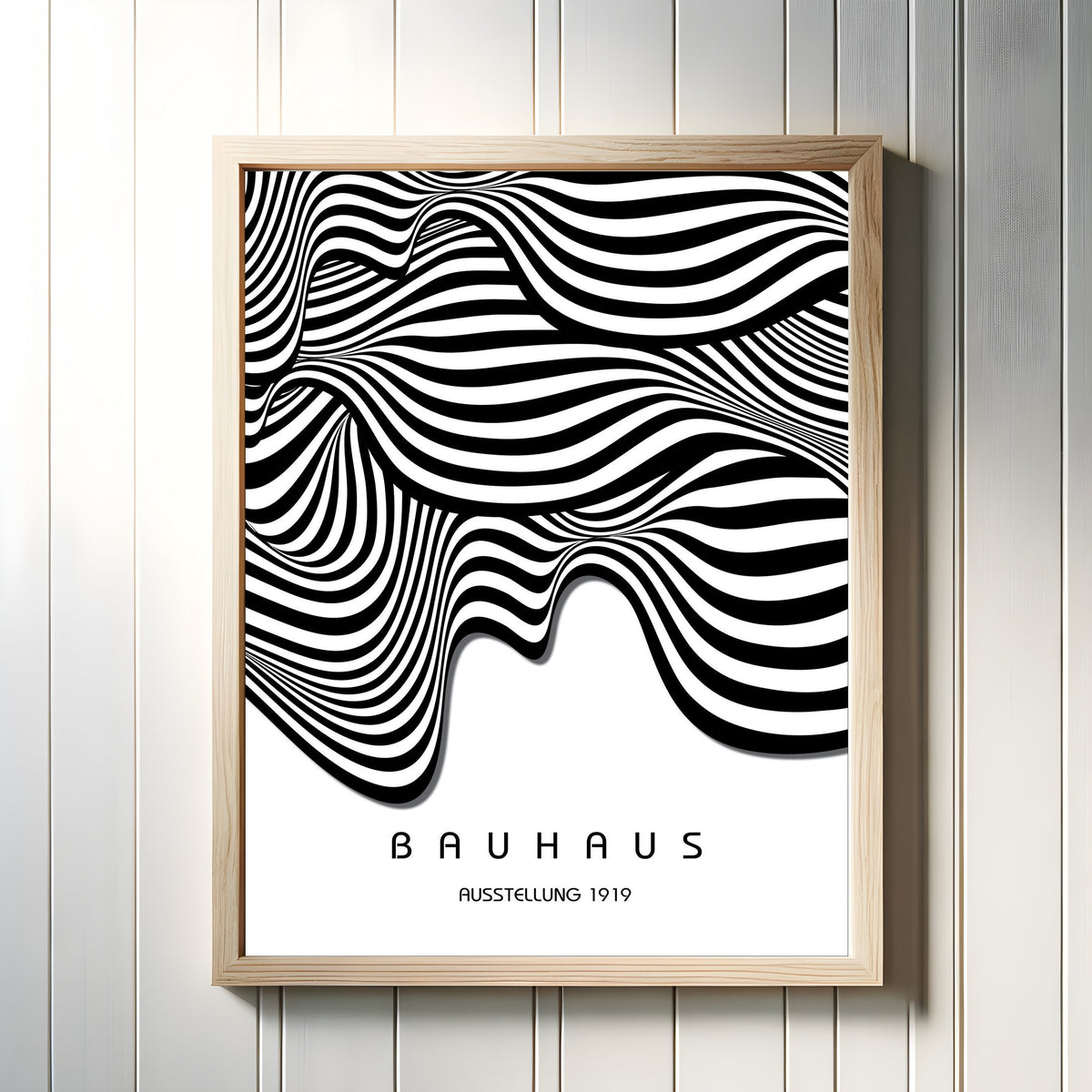Framed art print of Ausstellung Waves by Bauhaus, in a light wood frame on a white panelled wall