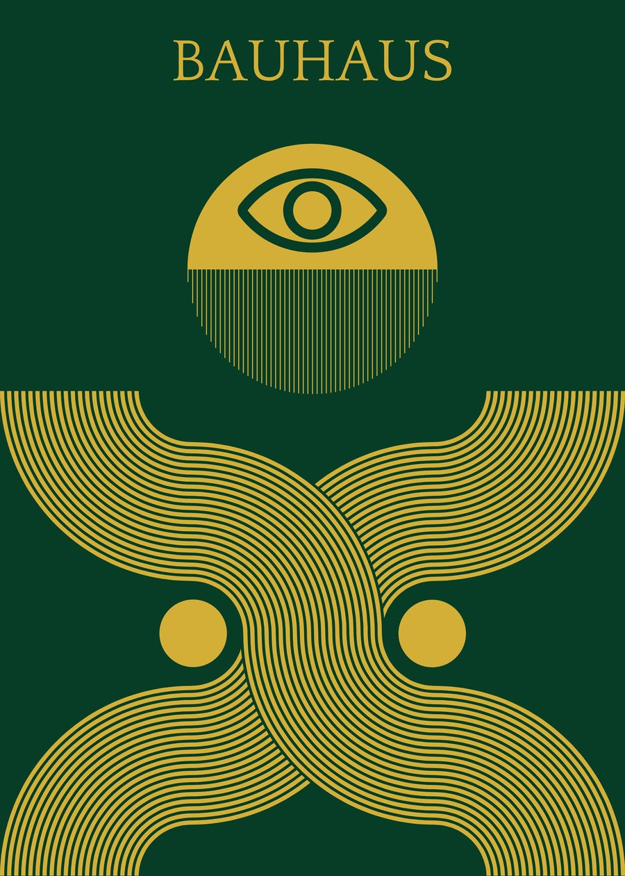 Bauhaus — Deus Ex | Mid-Century Modern Print in Forest Green & Gold shown to scale on a wall above a sofa