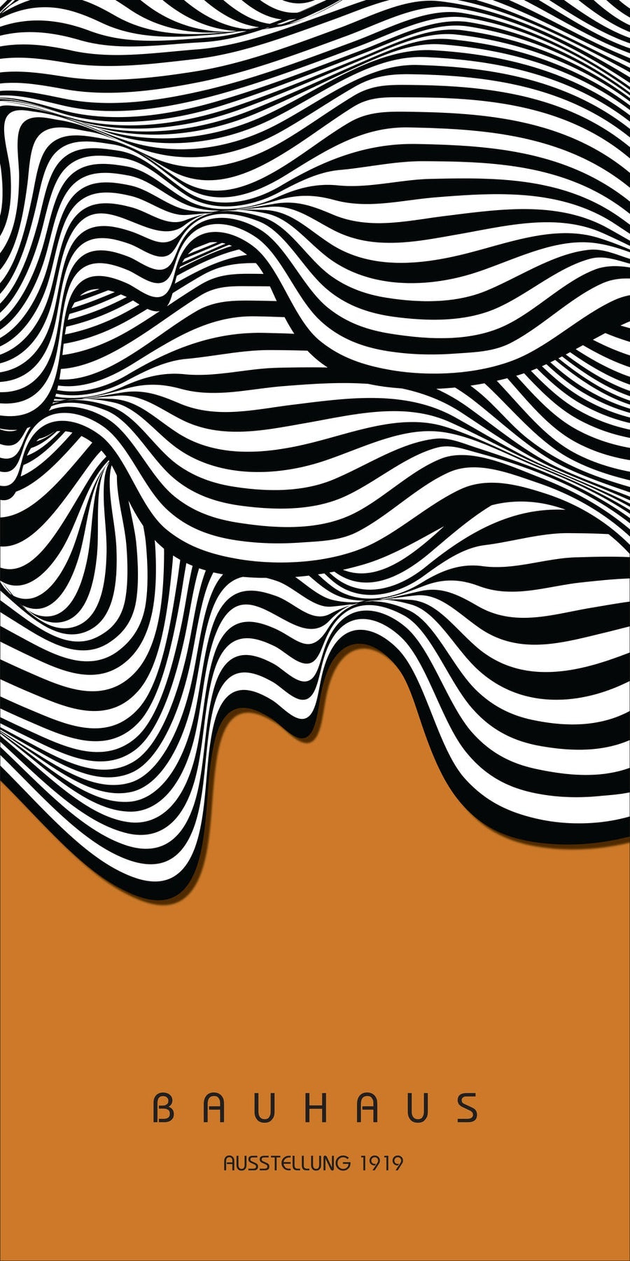 Bauhaus — Ochre Waves | Mid-Century Modern Print in Ochre & Brown (2×1) shown to scale on a wall above a sofa