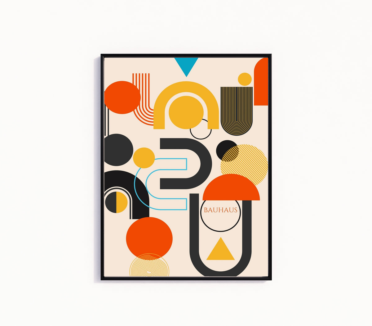 Framed art print of Big Bang by Bauhaus, in a slim black frame on a plain white wall