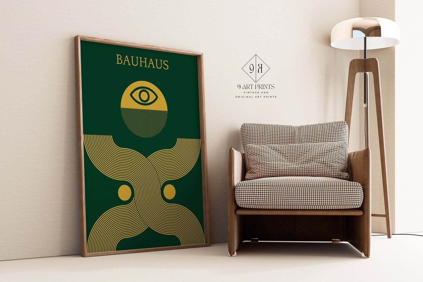 Bauhaus Poster - DEUS EX | Mid - century modern art print in forest green and gold (available framed or unframed) - 9ArtPrints