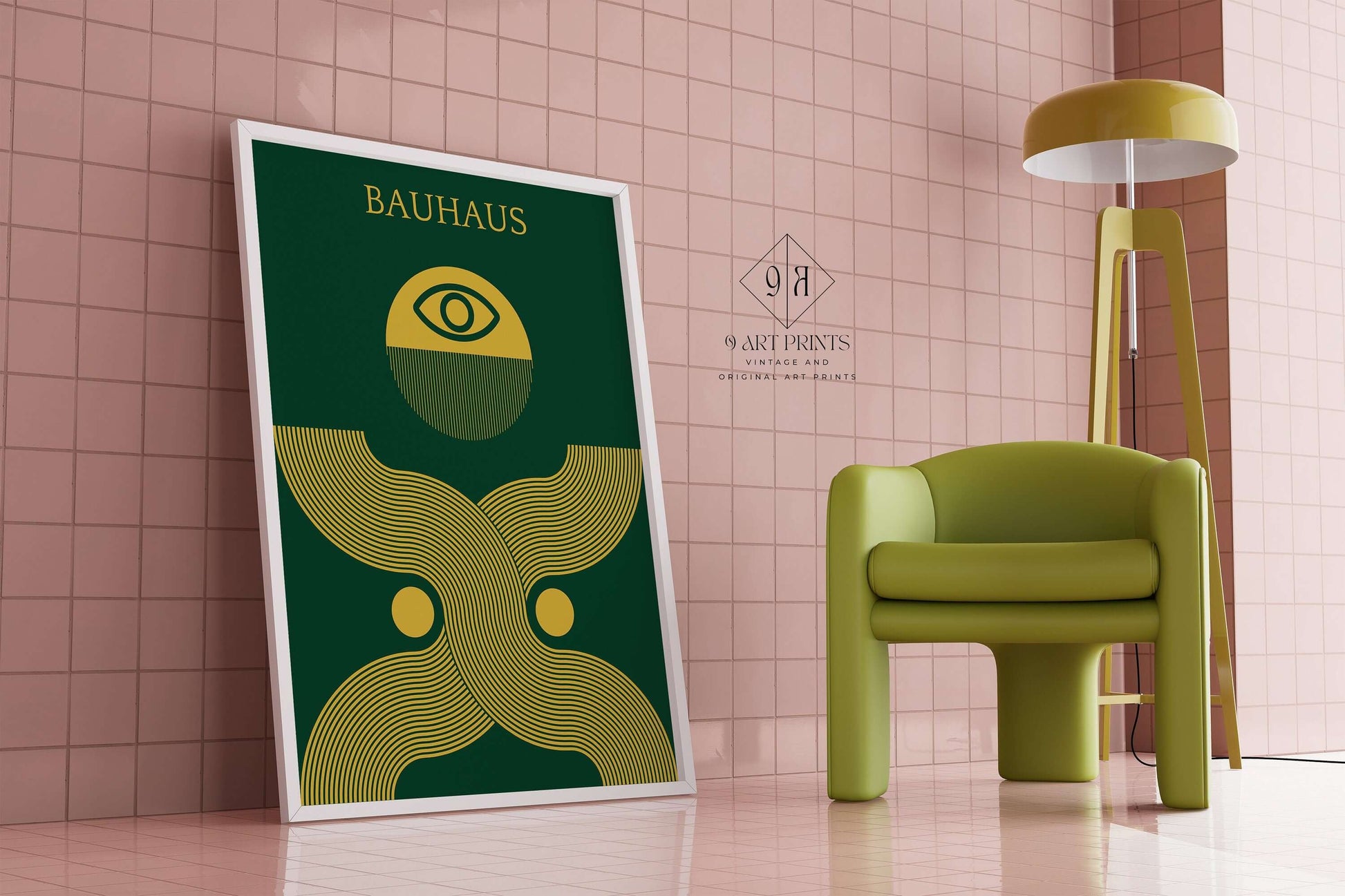 Bauhaus Poster - DEUS EX | Mid - century modern art print in forest green and gold (available framed or unframed) - 9ArtPrints