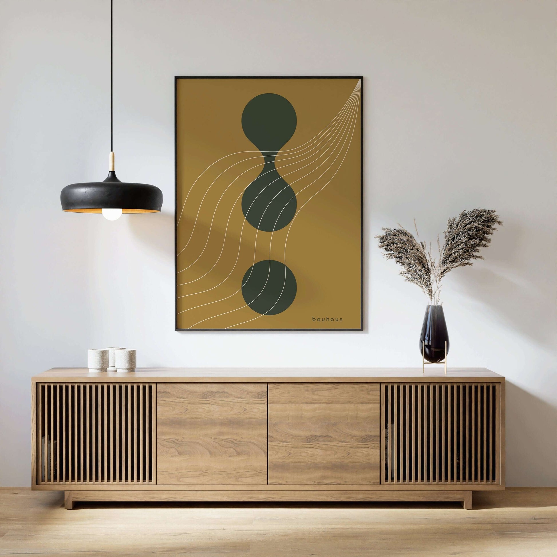 Bauhaus Poster | Mid - century modern art print in navy in green and gold (available framed or unframed) - 9ArtPrints