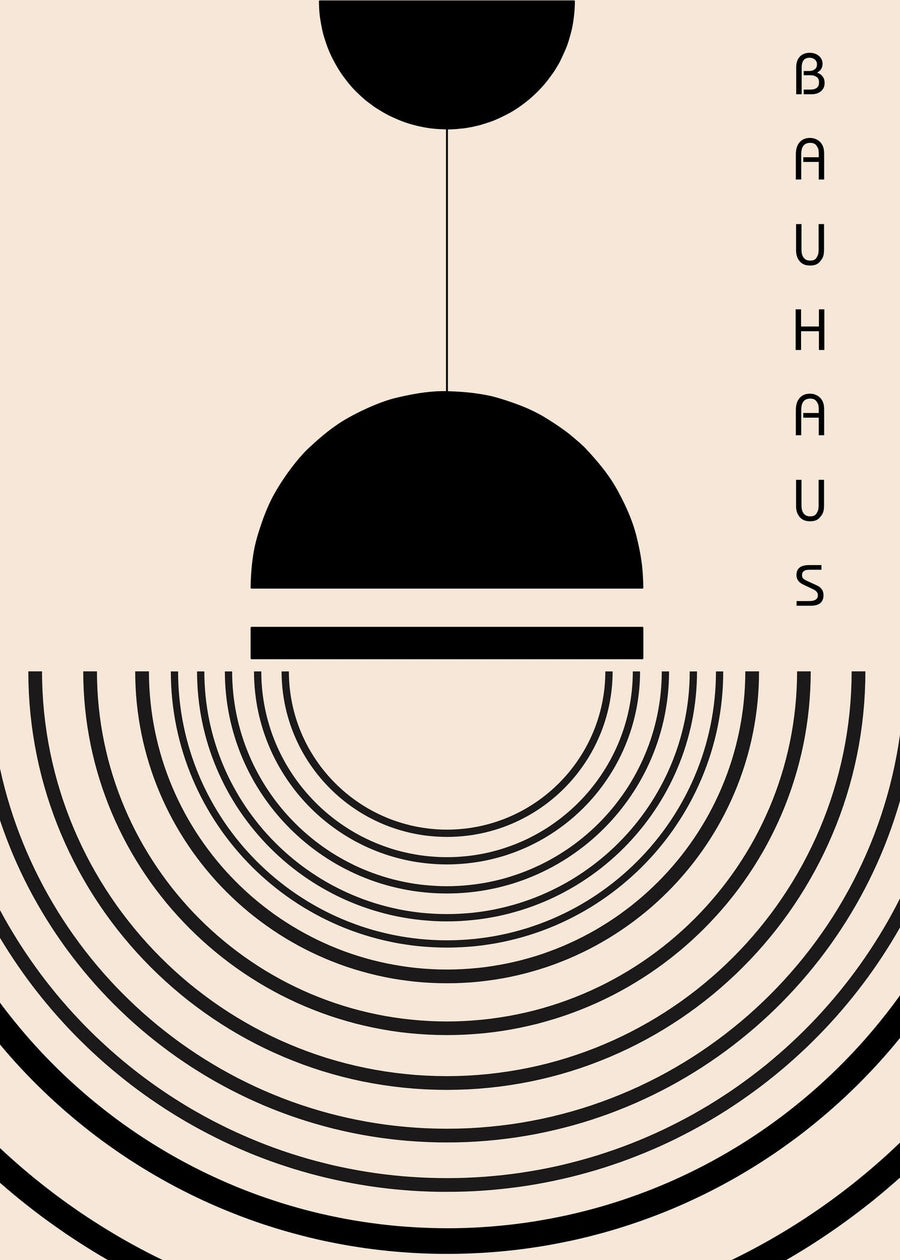 Bauhaus — The Lamp | Beige & Black Mid-Century Modern Fine Art Print shown to scale on a wall above a sofa