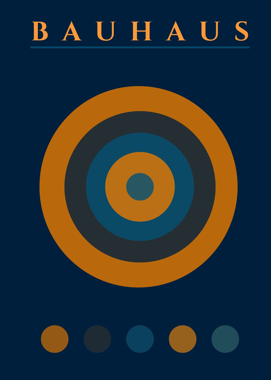 Bauhaus — The Target | Mid-Century Modern Print in Navy Blue & Orange shown to scale on a wall above a sofa