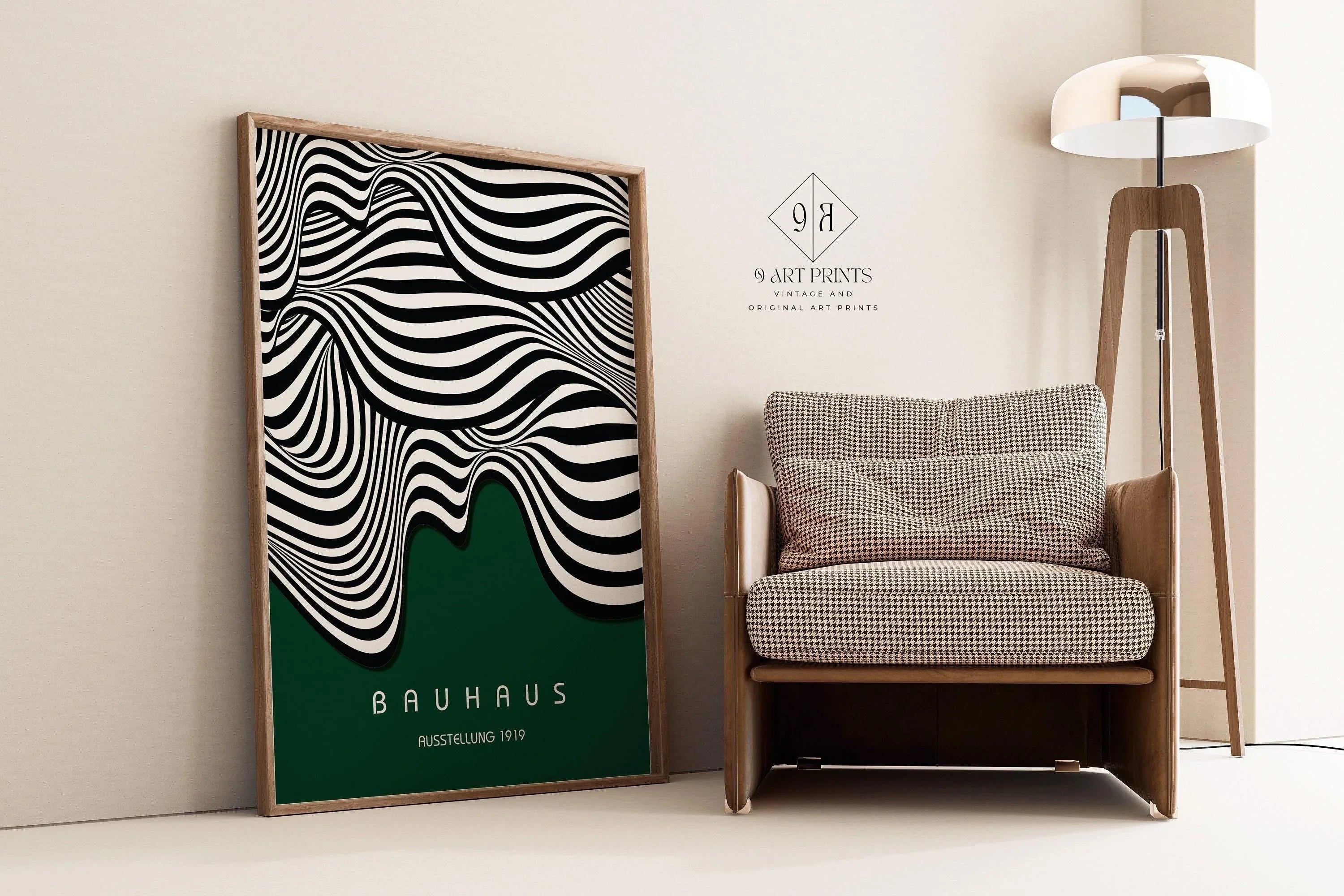 Bauhaus Waves Art Print: Mid - Century Modern Forest Green Poster - 9ArtPrints