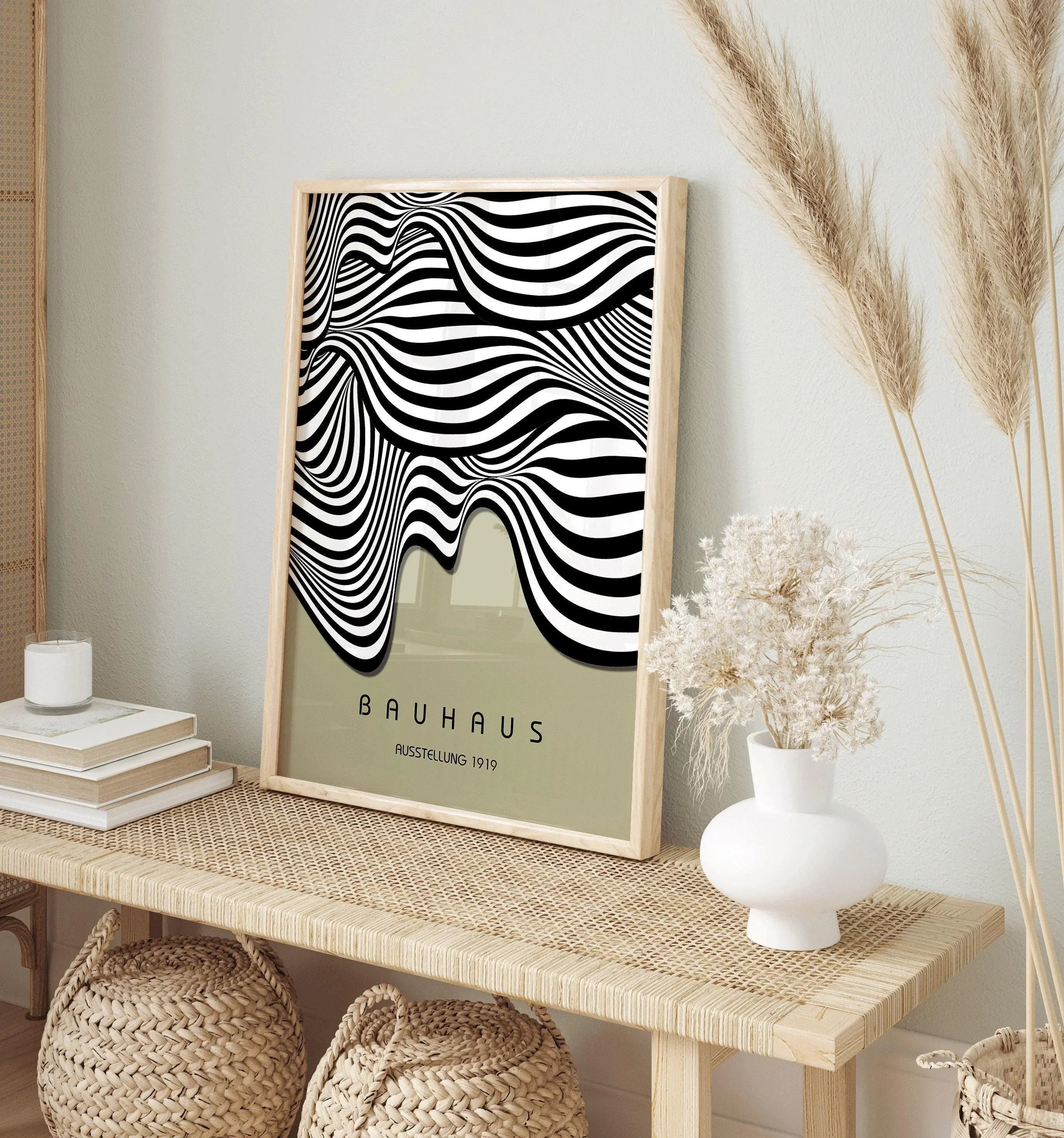 Bauhaus Waves Art Print: Mid - Century Modern Sage Green Poster - 9ArtPrints
