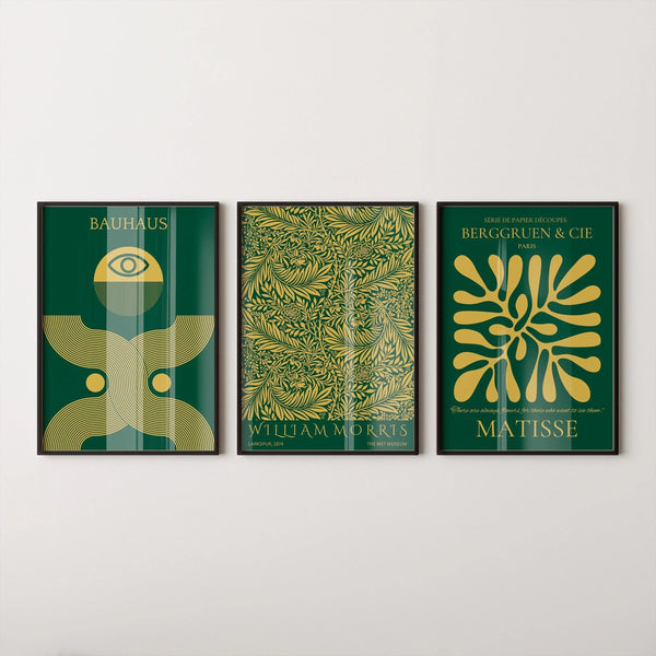 Bauhaus, Morris & Matisse — Statement Trio | Emerald Green & Gold Art Print