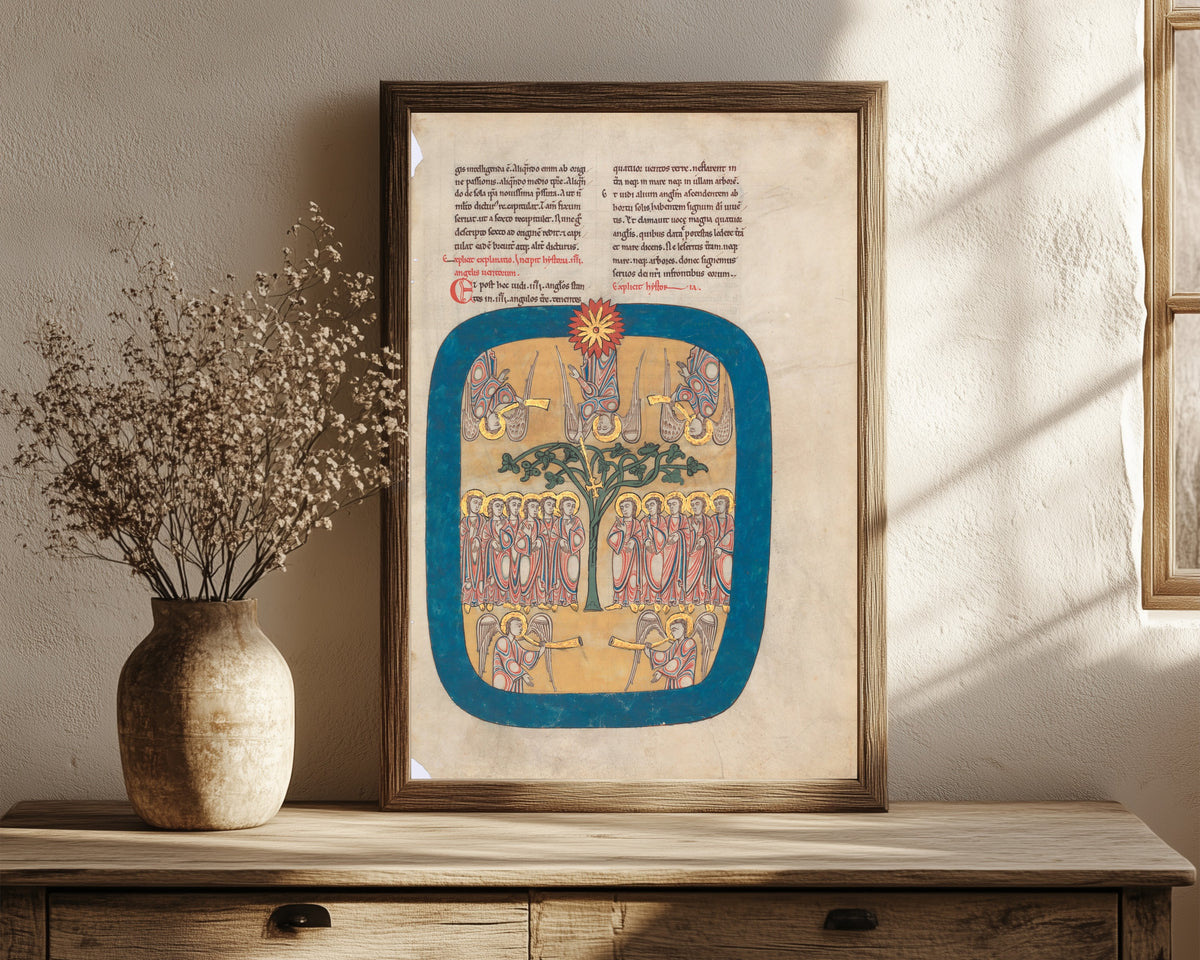 Framed art print of Beatus: Angels Restrain the Four Winds; the Angel Ascends from the…, in a dark wood frame leaning on a rustic console beside dried flowers